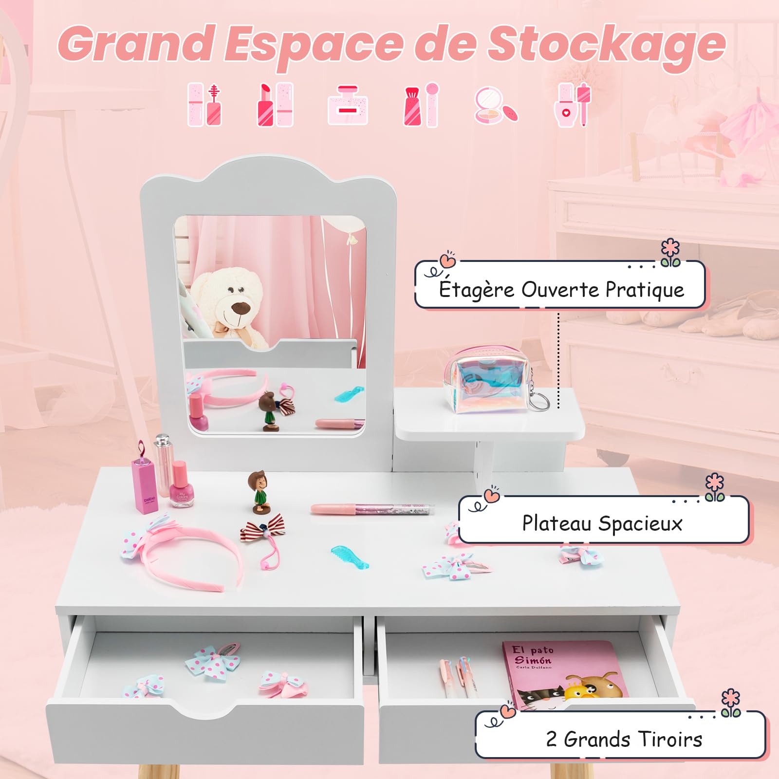 COSTWAY 2 en 1 Coiffeuse Enfant avec Miroir Rectangulaire Amovible & Tabouret Mignon, Table de Maquillage Princesse avec 2 Grands Tiroirs & Étagère, Charge 20/40kg pour Enfants de 3-7 Ans