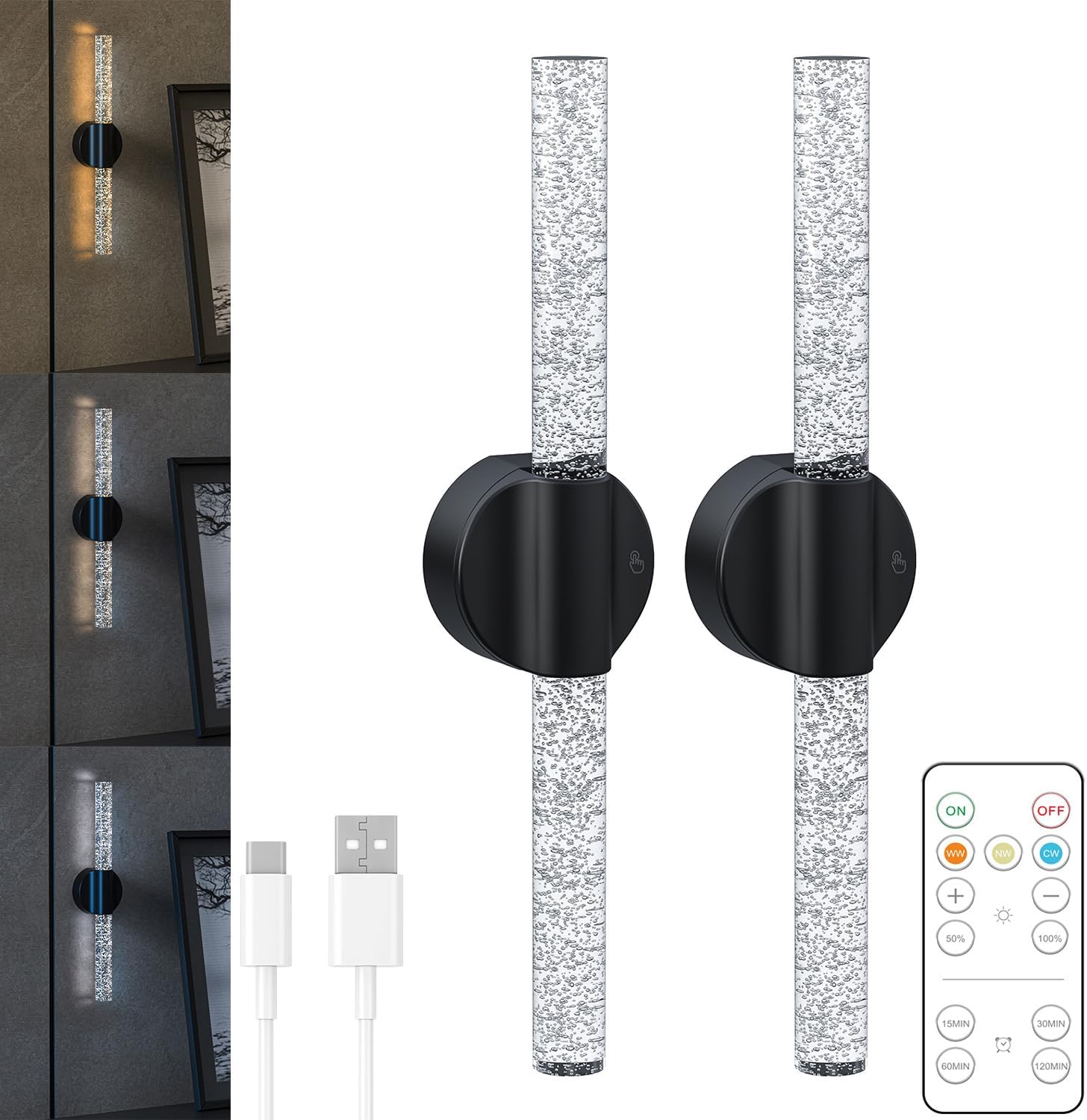 Battery Operated Wall Sconce Set of 2, Black Rechargeable Wall Light with Remote Control, 3000K-6500K Dimmable Wireless Wall Lamp for Bedroom Living Room Bathroom Hallway