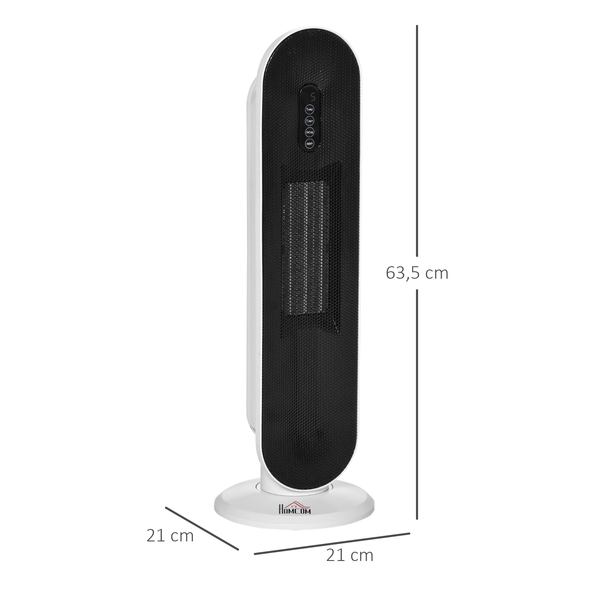 HOMCOM Calefactor Cerámico de Torre 1200W/2000W PTC 20 m² Blanco y Negro | Mando a Distancia, Termostato, Temporizador de 24H, Oscilación 45°, Sistema Antivuelco, para Sala