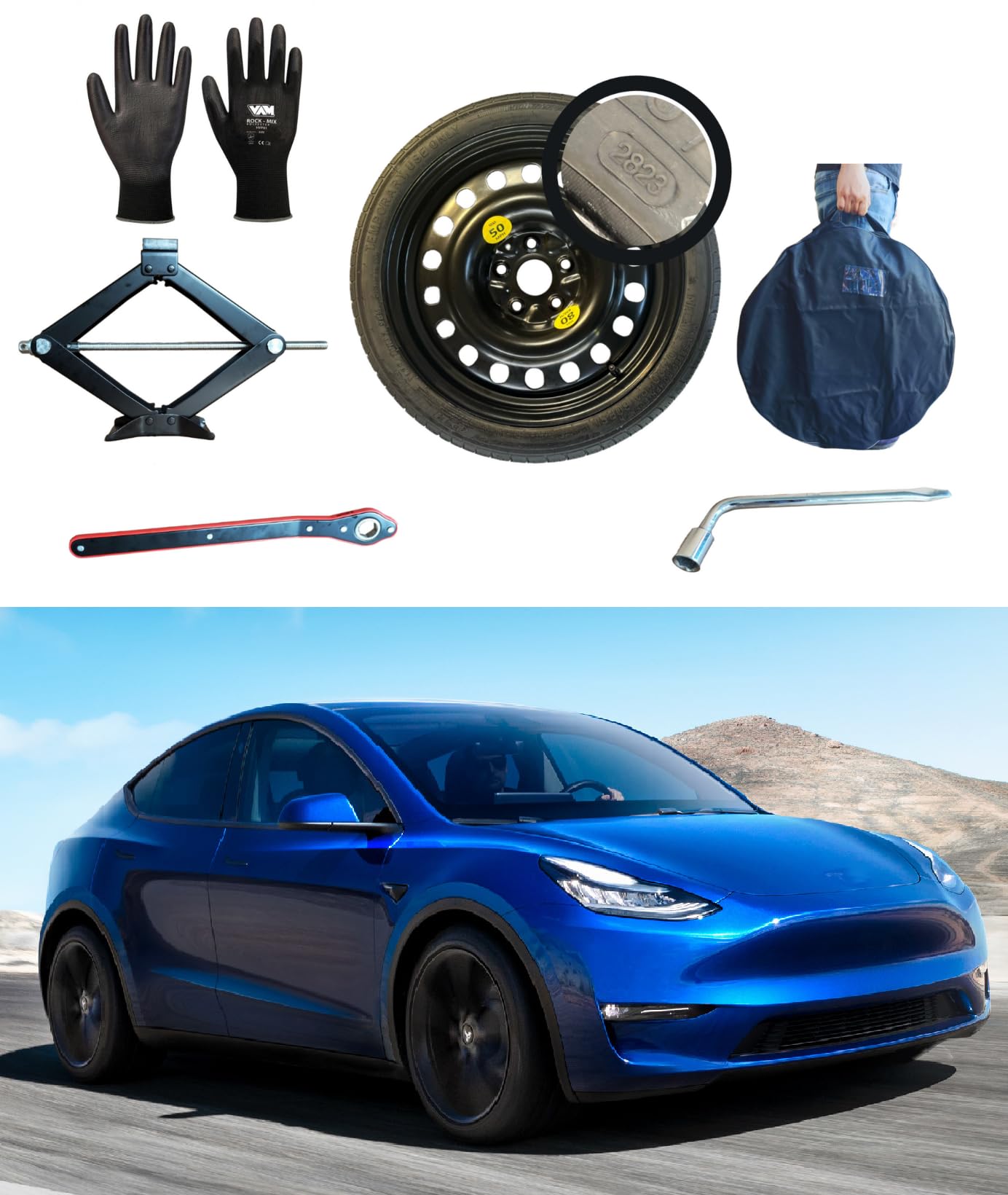 Kit Roue de secours 18" compatible avec Tesla Model Y avec Cric, Clé, Gants et Sac 145/80R18