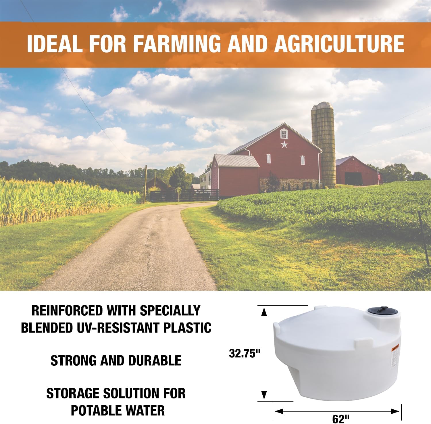 RomoTech 82124649 Pickup Bed Polyethylene Reservoir, 325 Gallon, Made In The USA, Natural Poly Tank for Water and Non-Flammable Liquids, UV-Resistant, Ideal for Agricultural, RV Water Storage, White
