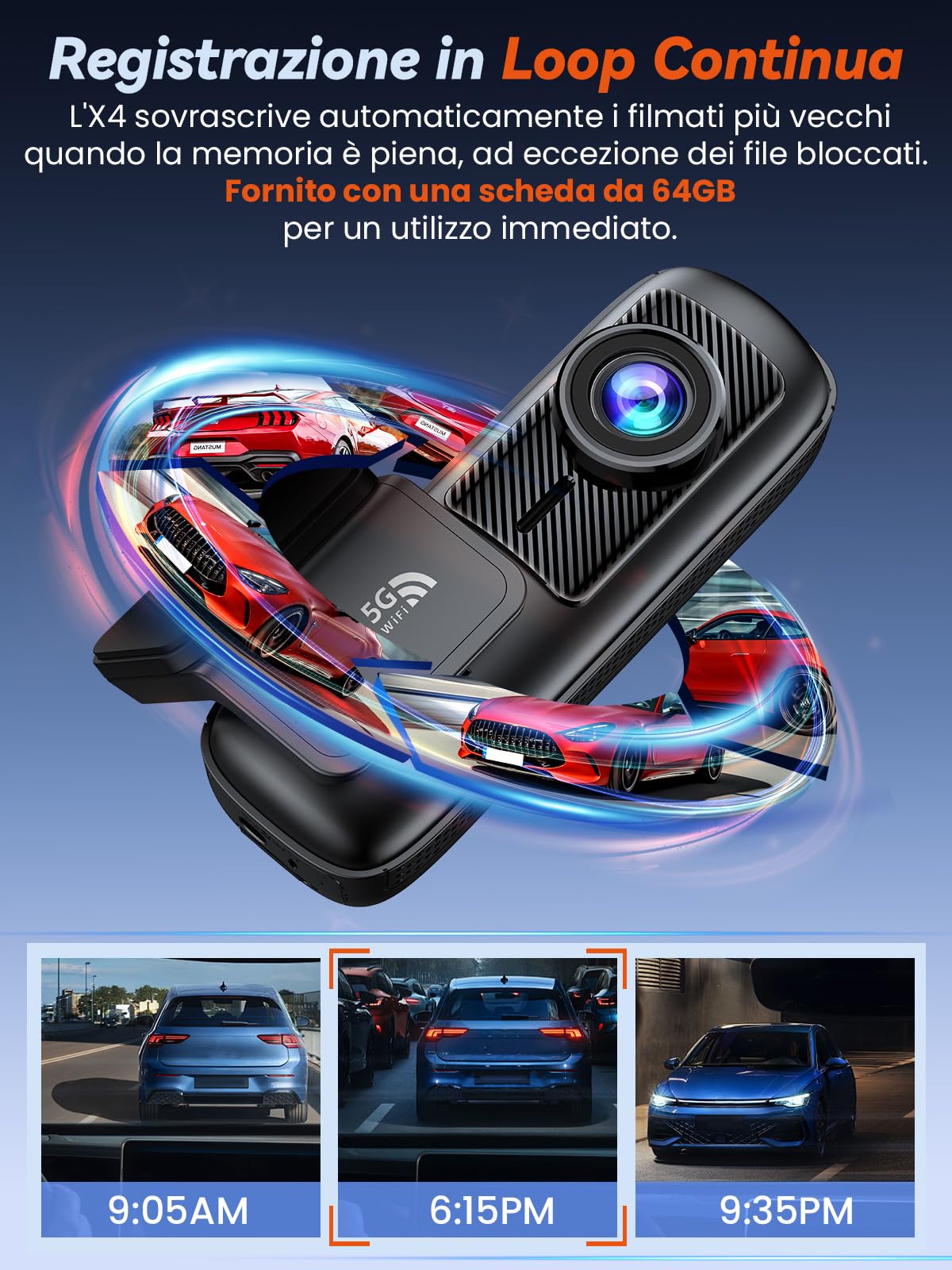 Dash Cam Auto 4K+1080P, Telecamera Anteriore e Posteriore, Dashcam Auto con SD 64GB, Wi-Fi 5GHz Controllo tramite App, Visione Notturna, Parcheggio 24H, Sensore G, 170° Grandangolo, WDR (X4)