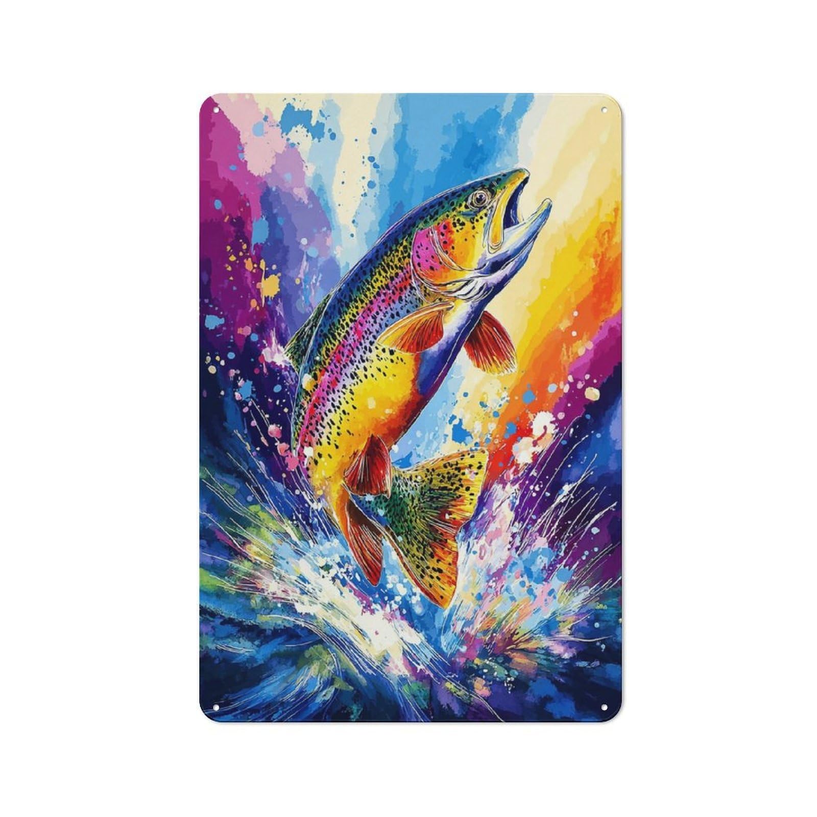 Junmoney Rainbow Trout Splash Artwork Vintage Metal Plaque 30X20cm, Diner Style Decor For Coffee Bar, Kitchen, Bistro Or Tea Corner