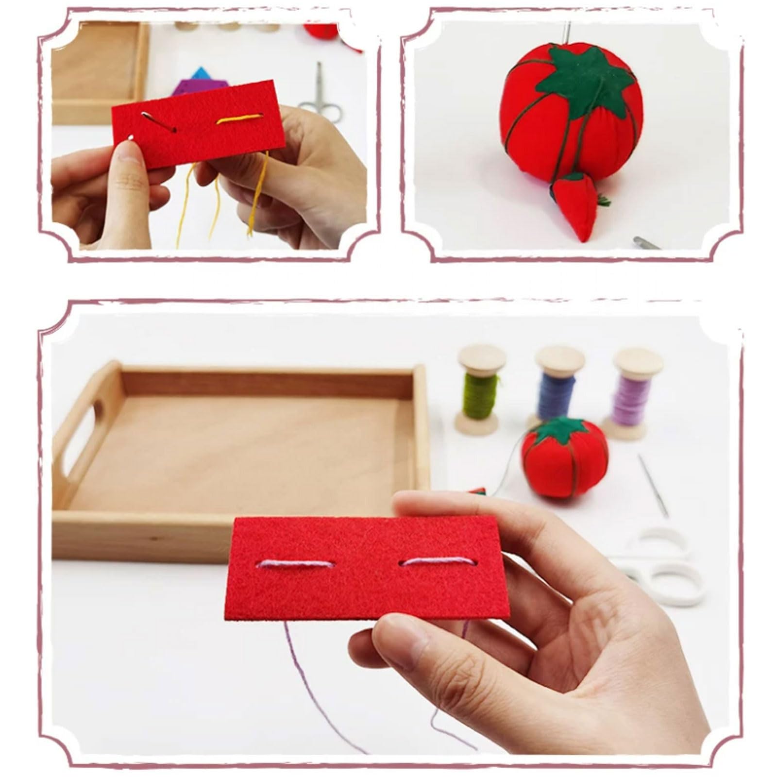Montessori Nähen & Sticken Praxis-Set für das Reale Leben, Kinder Set für Feinmotorik beim Nähen mit Tablett aus Holz