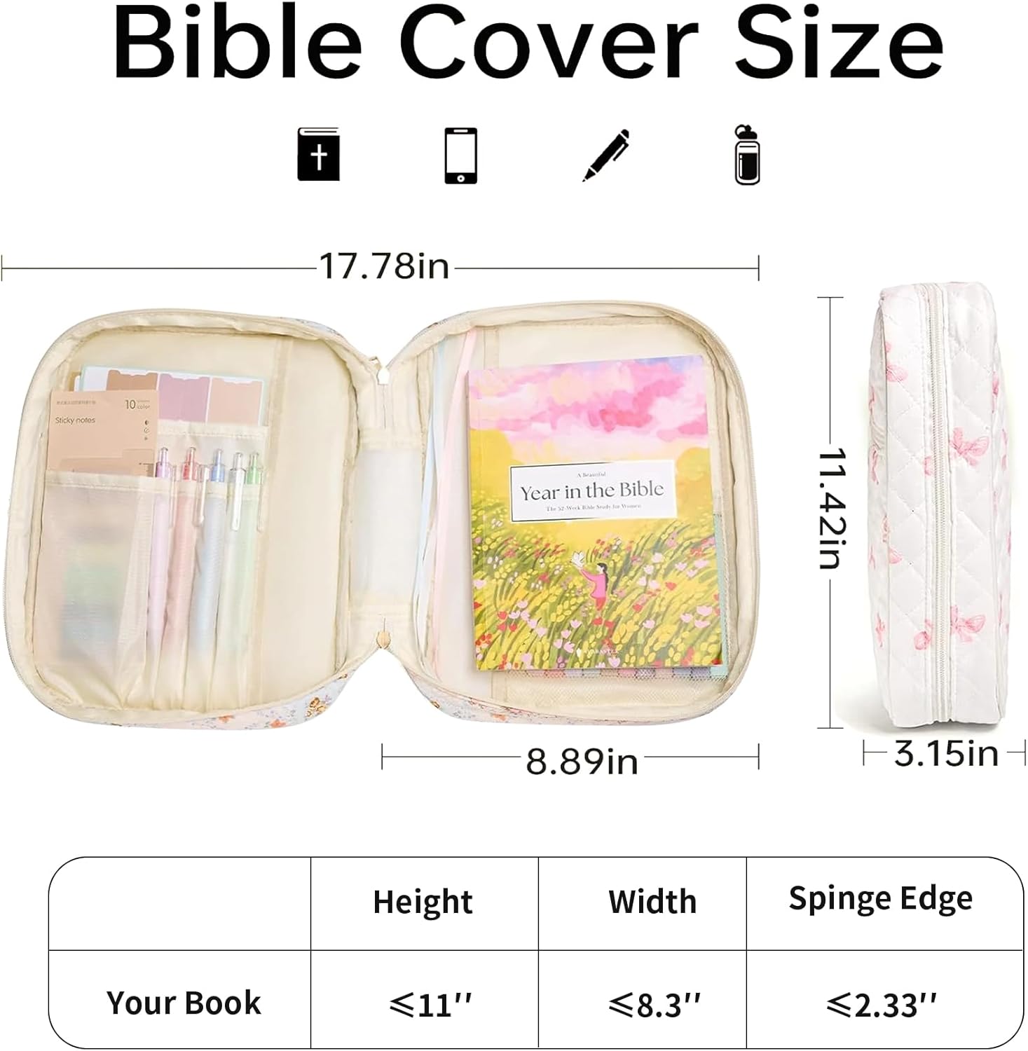 Bible Cover Case for Women, Large Bible Tote Bags Organizer Quilted Carrying Case for Girls,Bible Study Supplies Accessories Christian Gifts for Women