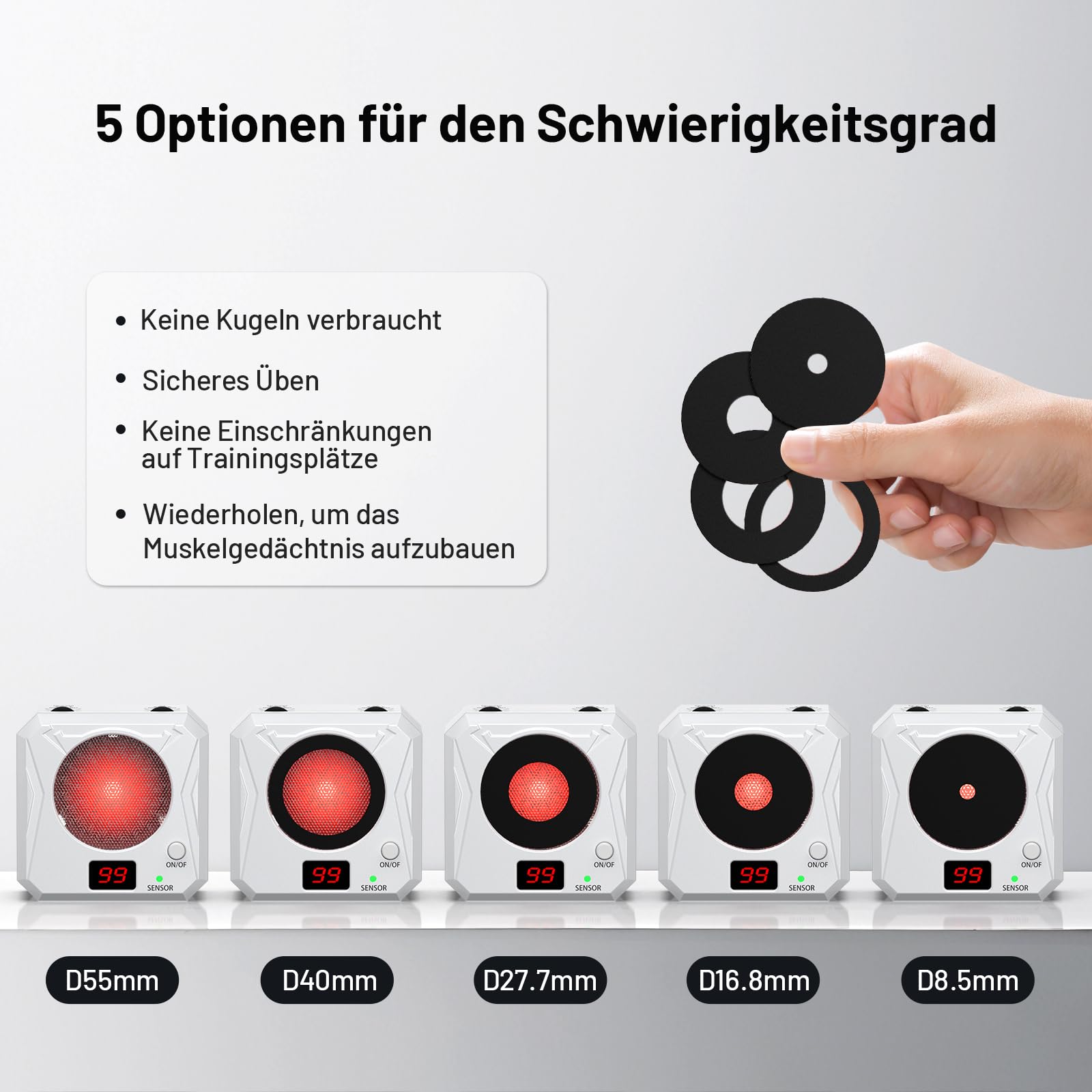 Dry Fire Trainingssystem - Elektronisches Laser Trainingsziel mit 5 Einstellbaren Stufen und Ton/Licht Feedback, Universelle Munitionskompatibilität, Geeignet für Schießübungen