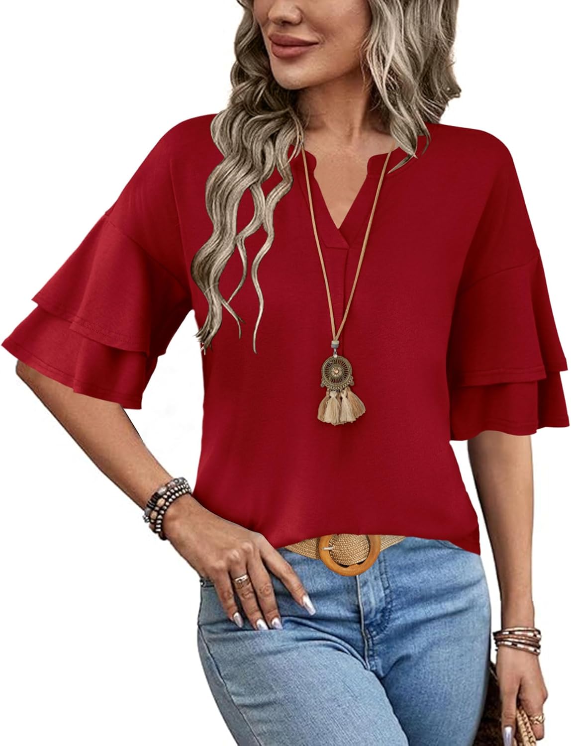 LOMON Womens Tops Ruffle Short Sleeve Blouses Fashion V Neck T Shirts Dressy Casual 3/4 Bell Sleeve Tee Spring Summer Clothes