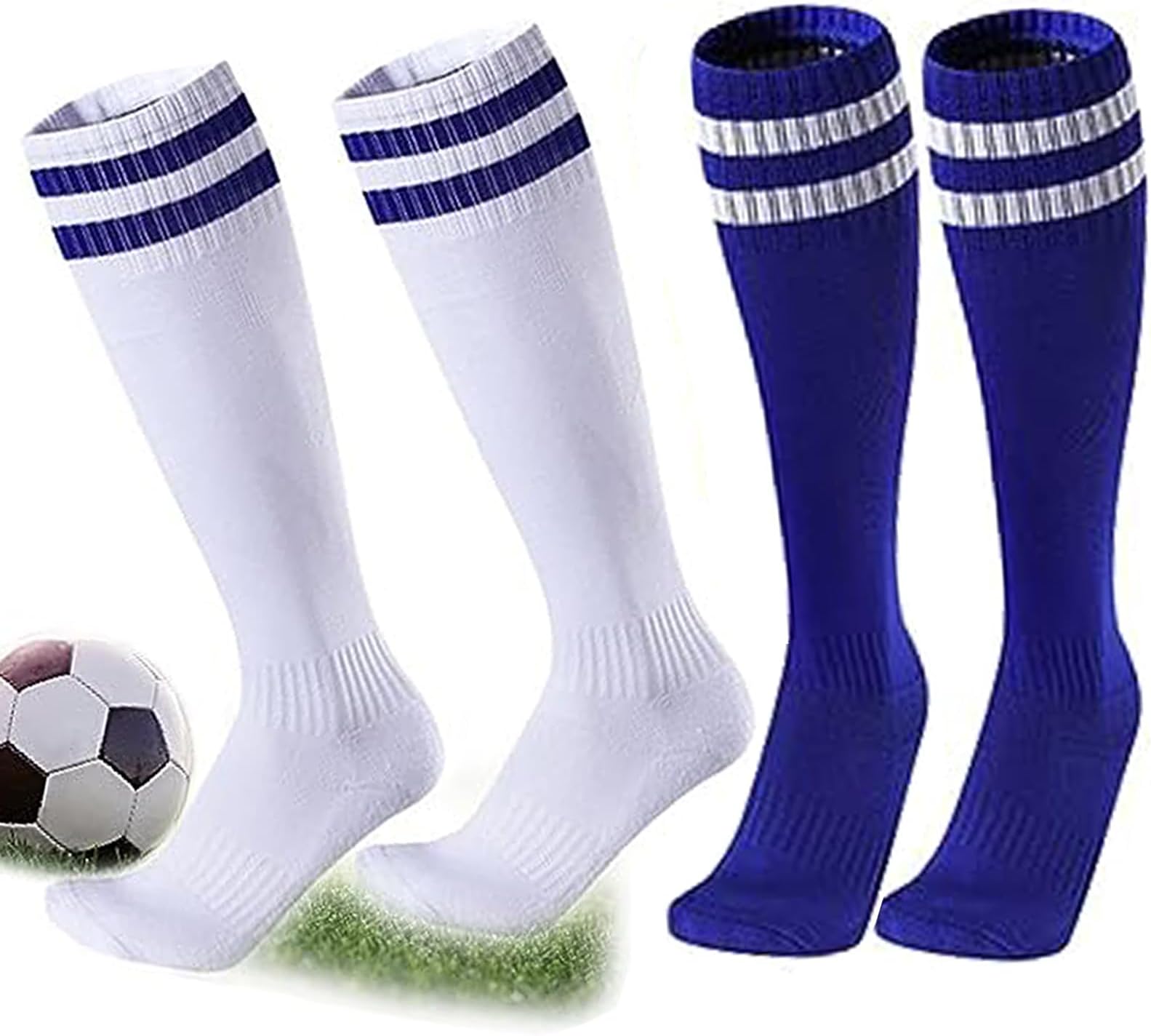 kuou2 Pairs Kids Football Socks, 2 Colors Childrens Unisex Anti-slip Towel Bottom Socks Long Soccer Breathable Sock for Rugby, Hockey, Running Or Training (White, Blue) Children Aged 5-12, 18x 36cm