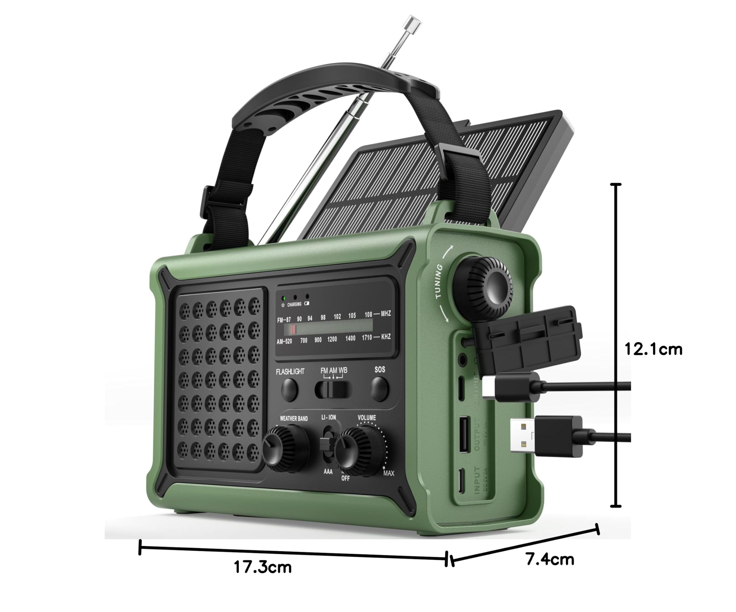 ROCAM Radio Solar de Emergencia con Manivela 12000mAh, Transistor Portátil Am/FM con Dinamo 650mA y Panel Solar 8500mm², Linterna LED, Luz de Lectura, USB, Alarma SOS – para Camping y Cortes de Luz