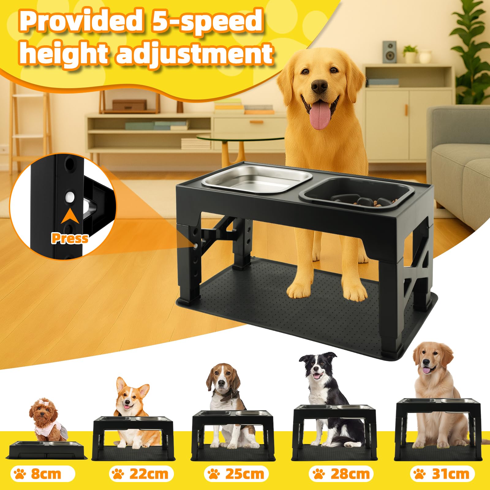 Ciotole per cani Rialzate Regolabili - Acciaio Inossidabile 1400ml + Antingozzo 1100ml + Viaggio + Tappetino - Base antiscivolo per cani di taglia media/grande