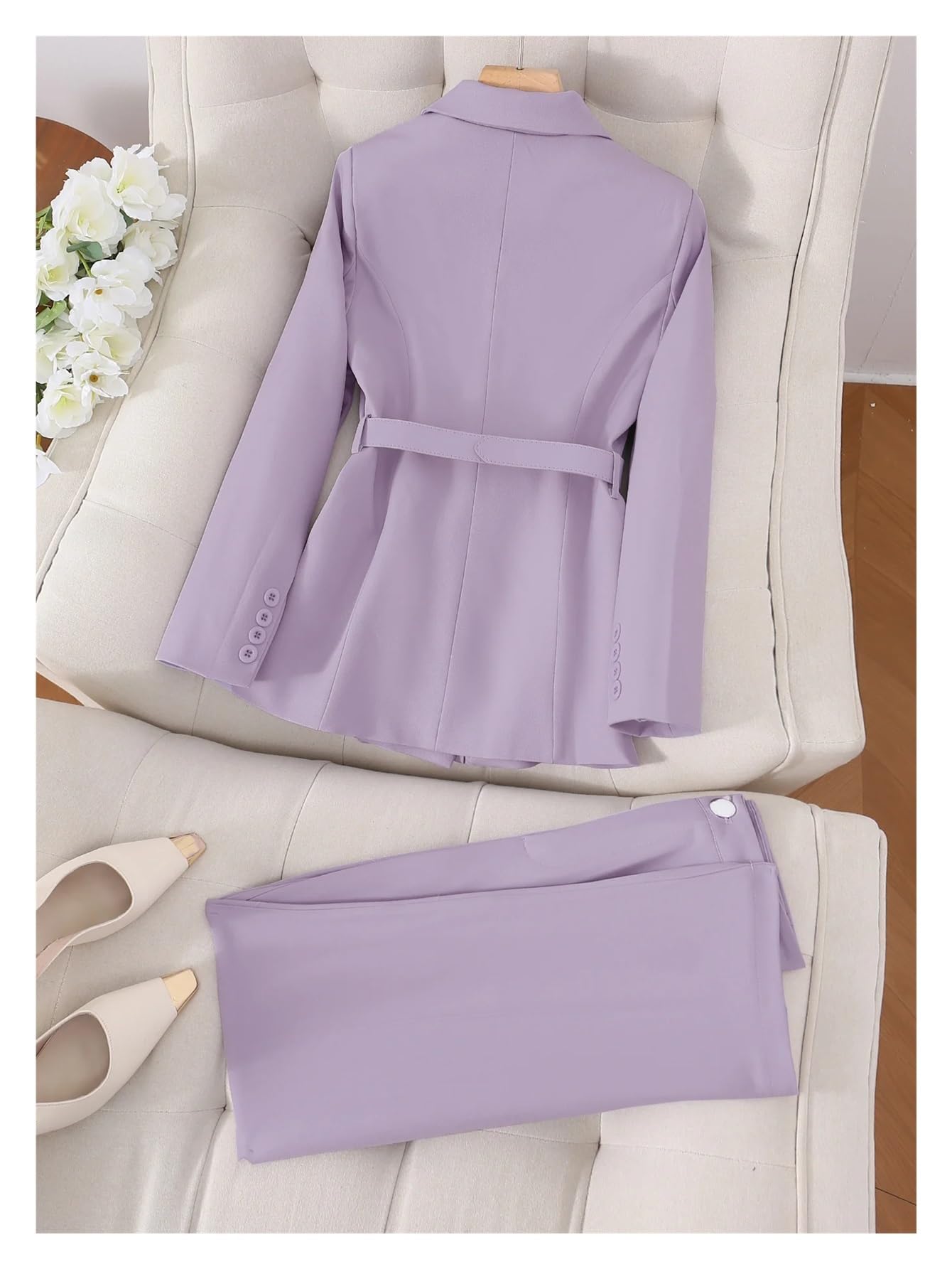 Traje de Oficina Elegante Dos Piezas, con Chaqueta, cinturón y pantalón Largo, Color Liso para Negocios, Trabajo, Oficina, Formal