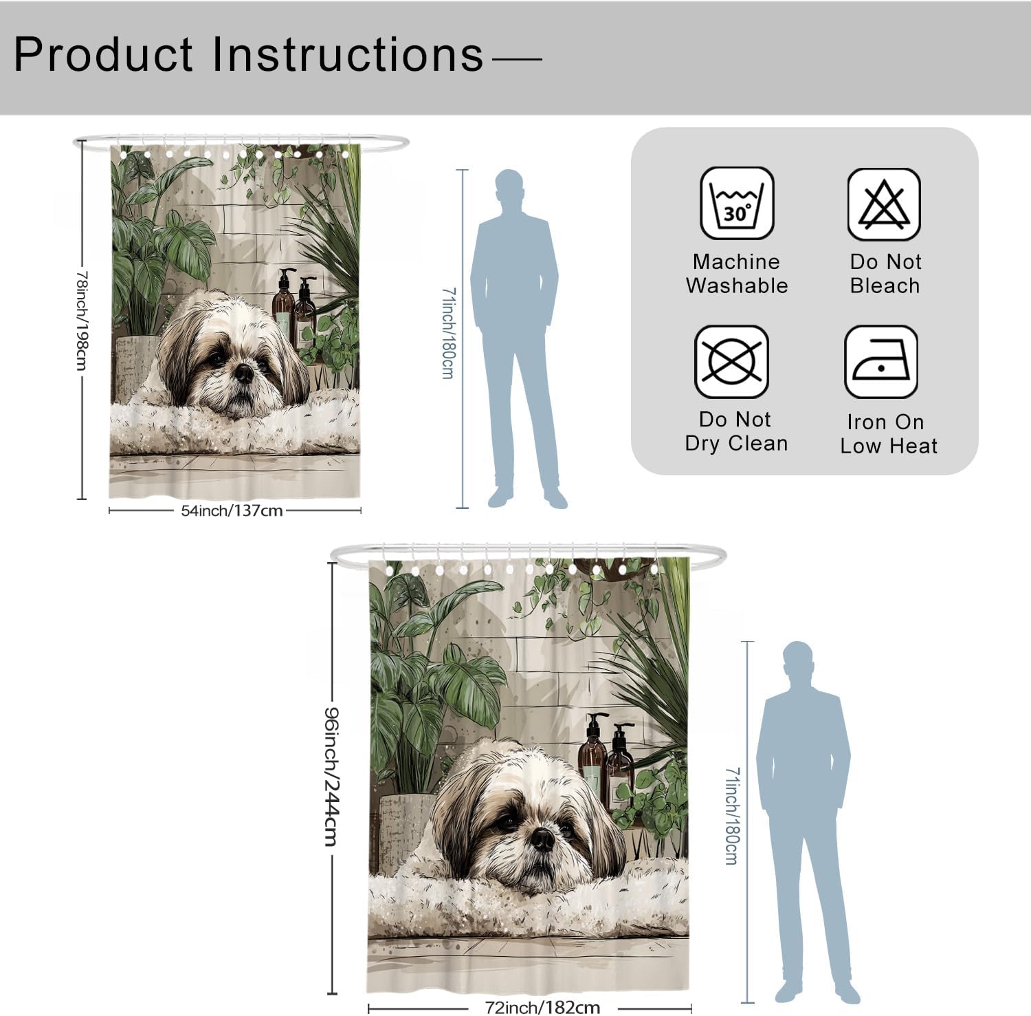 Cute Dog Shower Curtain, Beige Shih Tzu Dog Watercolor Bath Decor, Spring Summer Modern Minimalistic Animal Bathroom Accessories with Hooks 54x78 Inch