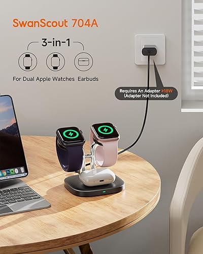 Miniatura 2 de SwanScout Soporte de cargador dual para Apple Watch, estación de carga inalámbrica 3 en 1, compatible con Apple Watch Ultra 29876532SE, base de