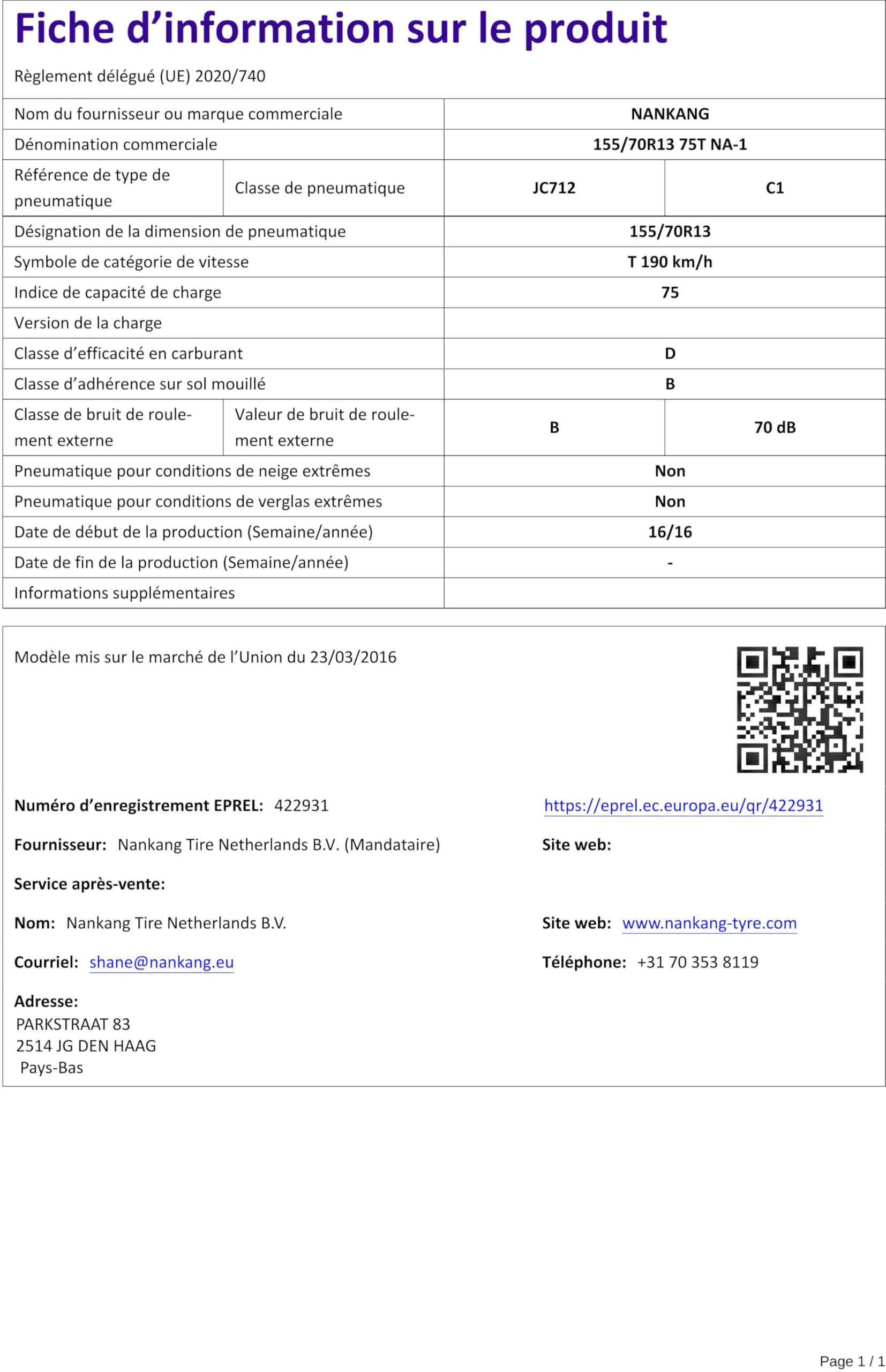 Nankang NA-1 - 155/70R13 75T - Pneu Été