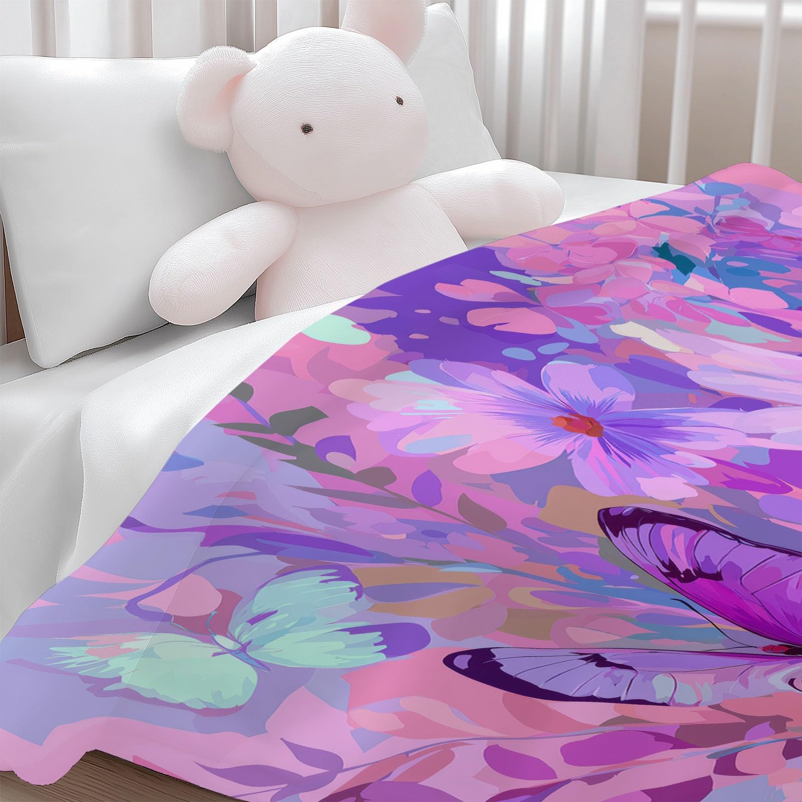 Manta mullida con diseño de animales y mariposas y flores, color rosa, 220 x 240 cm, suave manta de forro polar de microfibra, cálida manta para sofá, cama o sofá