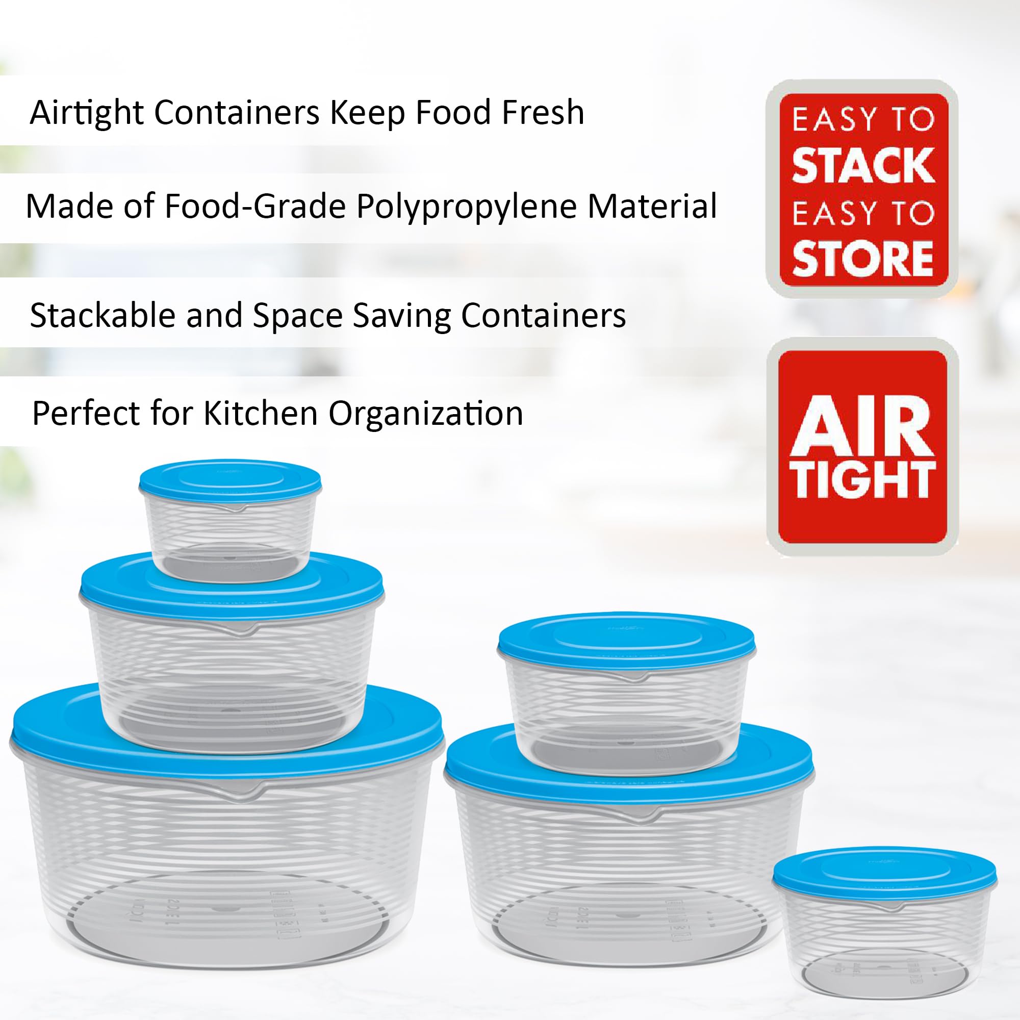 Milton Store It - Set di 6 contenitori in plastica (200 ml, 400 ml, 600 ml, 1 litro, 2 litri, 3 litri), blu, ermetici, impilabili, organizer da cucina