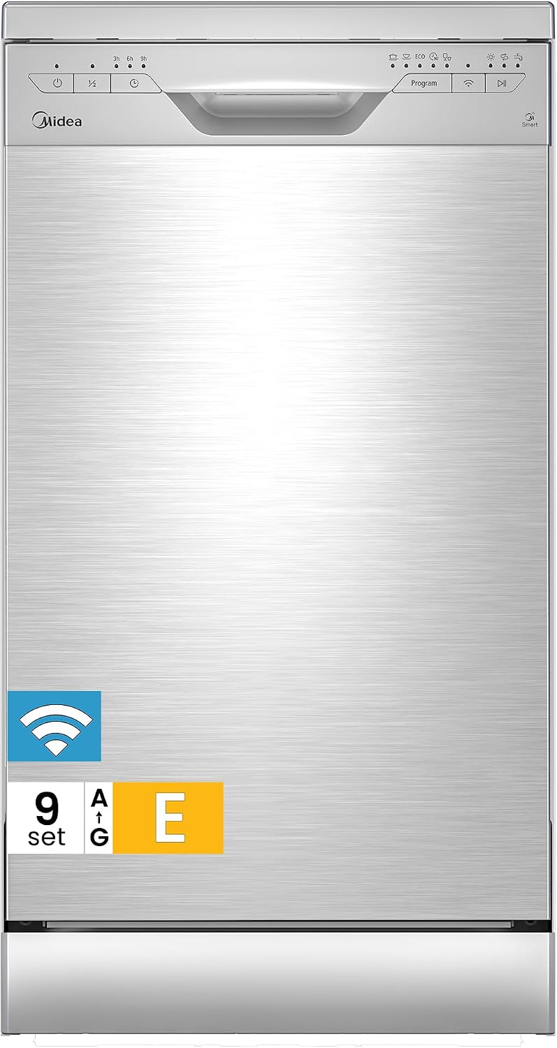 Midea SF 3.45N PRO Dishwasher, Freestanding and Integrated, 9 Place Settings, WiFi, 5 Flushing Programmes, 47 dB, 3/6/9 h Delay Start, Inox, Silver