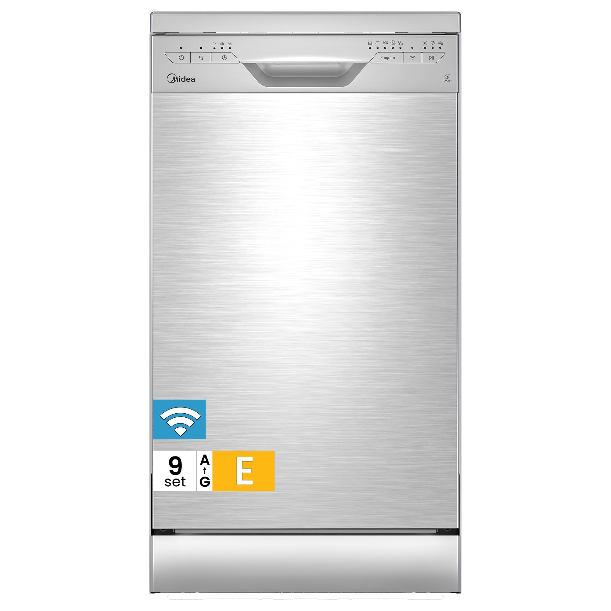Midea SF 3.45N PRO Geschirrspüler 45 cm Freistehend und Unterbaufähig, 9 Maßgedecke, Spülmaschine mit WLAN, 6 Programme, 3/6/9h Startzeitvorwahl, 47 dB, Silber
