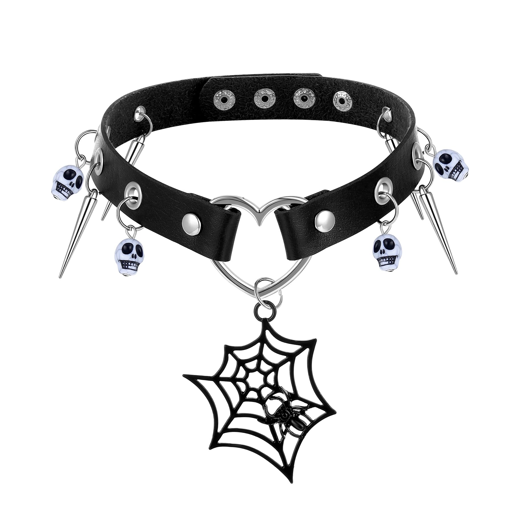 JDXNHalloween Gothic Goth Punk Rock Rivet Spike Studded PU Leather Collar Choker Necklace Adjustable Bracelet Skeleton Spider Bat Skeleton Hand Rose Cosplay Jewelry Night Club Halloween Party For Men Women