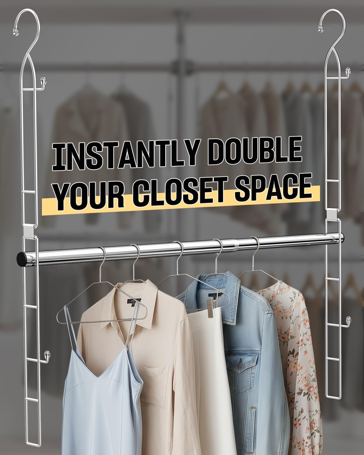 Supforce Hanging Closet Rod Stainless Steel, 2 Pack Adjustable Height & Width Closet Rod Extender, Space-Saving Closet Hanging Storage Organizer，Load up to 88LB - Image 2