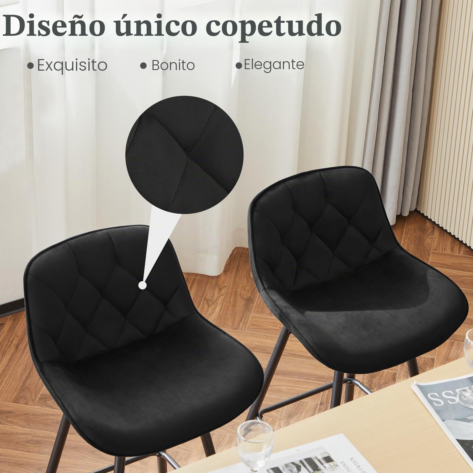EUGAD Taburetes Altos de Cocina con Respaldo, Negro | Set de 2, para Bar y Cafetería, Terciopelo