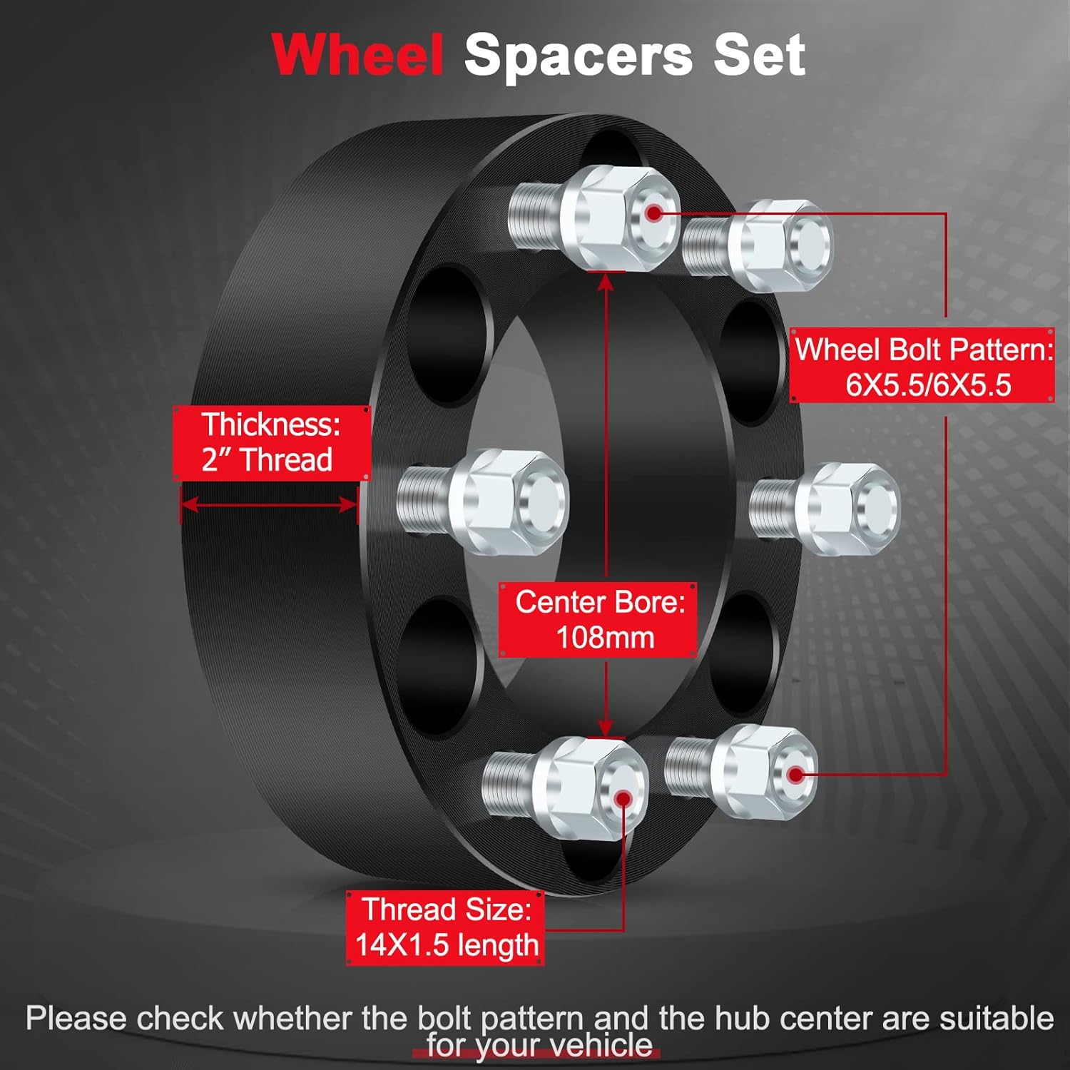 2 Inch Wheel Spacers 6 Lug - 6x5.5 Wheel Spacers 108mm HB 14x1.5 Studs Fit for Silverado 1500 Sierra 1500 Tahoe Yukon Escalade Express 1500 and More