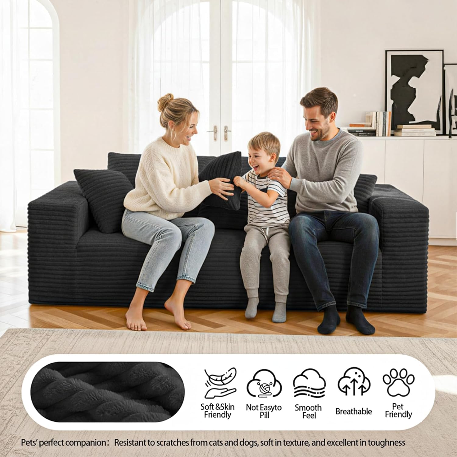 71" Cloud Boneless Loveseat Sofa Couch, Bean Bag 3-Seater Couch with Memory Foam, Corduroy Comfy Floor Sofa Deep Seat for Living Room, Bedroom, Apartment, No Assembly (Black)
