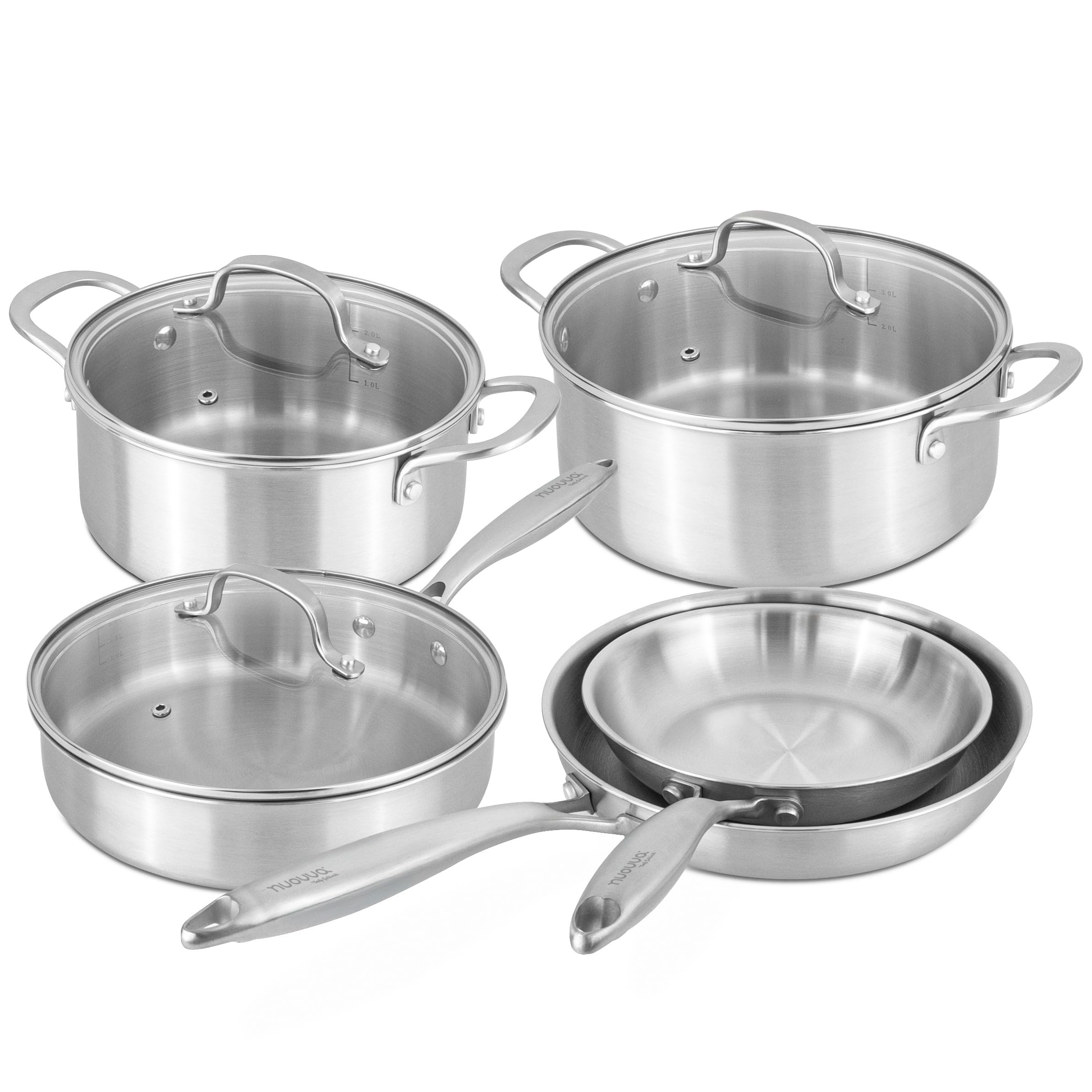 Stainless Steel Pots and Pans Set β 8pcs Cookware with Glass Lids β Induction Hob Pot Set β Cooking Saucepan Pots & Frying Pan Set β by Nuovva