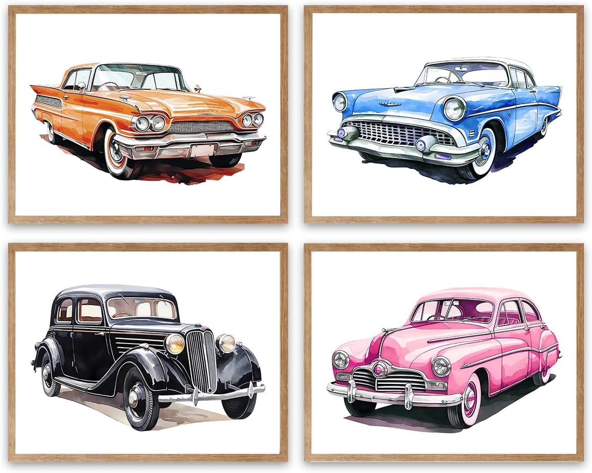 Impresiones artísticas clásicas de acuarela para automóvil, arte retro de pared de autos antiguos, póster clásico vintage para habitación de niños,