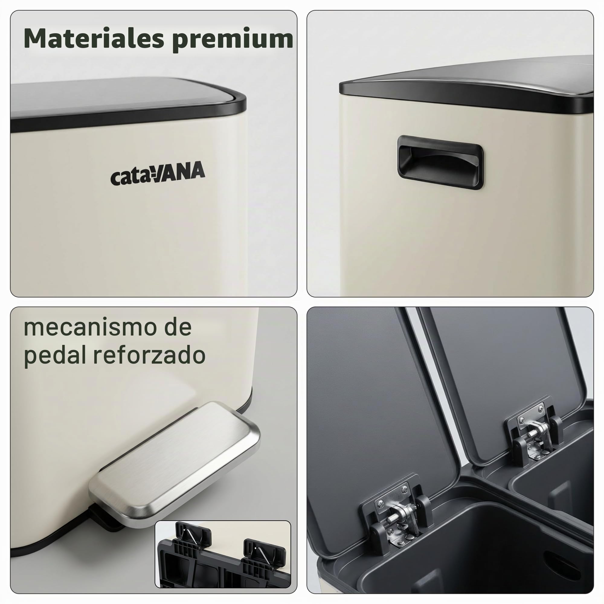 CATAVANA Papelera de cocina de clasificación selectiva 2 x 30 L - Doble compartimento 60 L - Papelera moderna para reciclaje - Diseño elegante - Beige