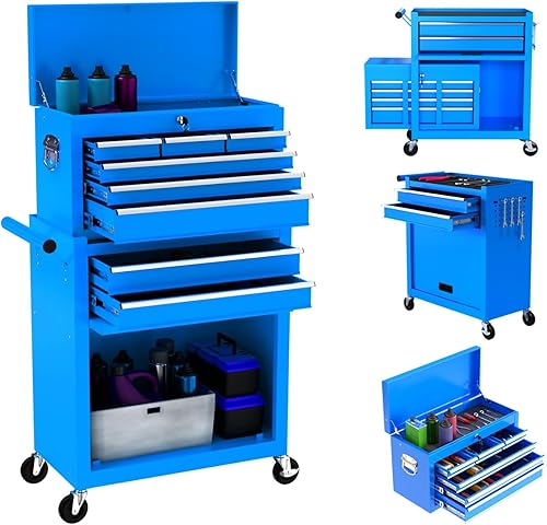 Miniatura 13 de Caja de herramientas con ruedas de 8 cajones, caja de herramientas con cerradura con ruedas y cajones, gabinete de herramientas de almacenamiento de