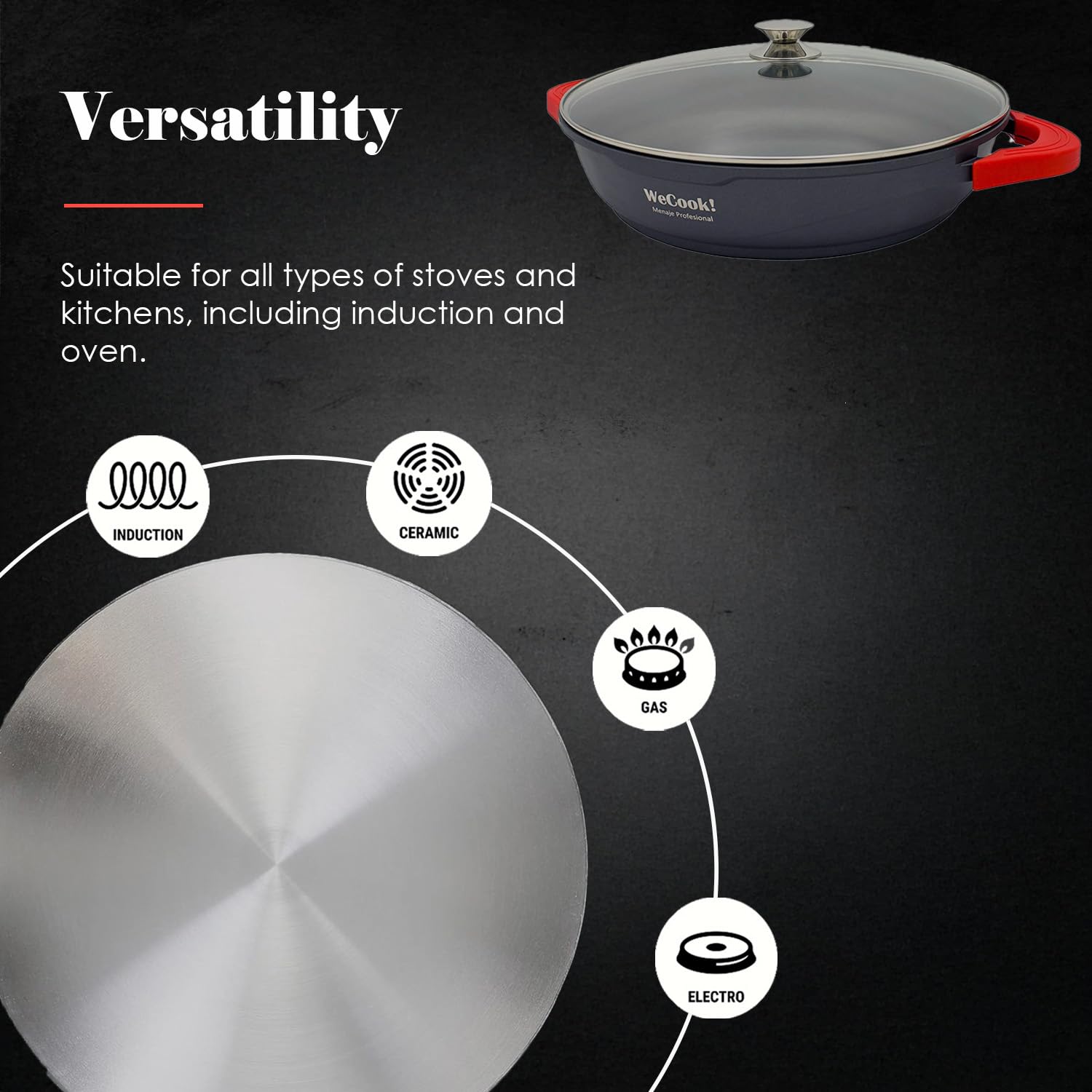 WECOOK! Ecostone Casseruola Bassa Induzione Coperchio di Vetro 40cm, Antiaderente XTRA DUPONT Ecologico senza PFOA, Alluminio Fuso, 5mm di Spessore, Maniglie in Silicone, Vitroceramica, Gas, Forno