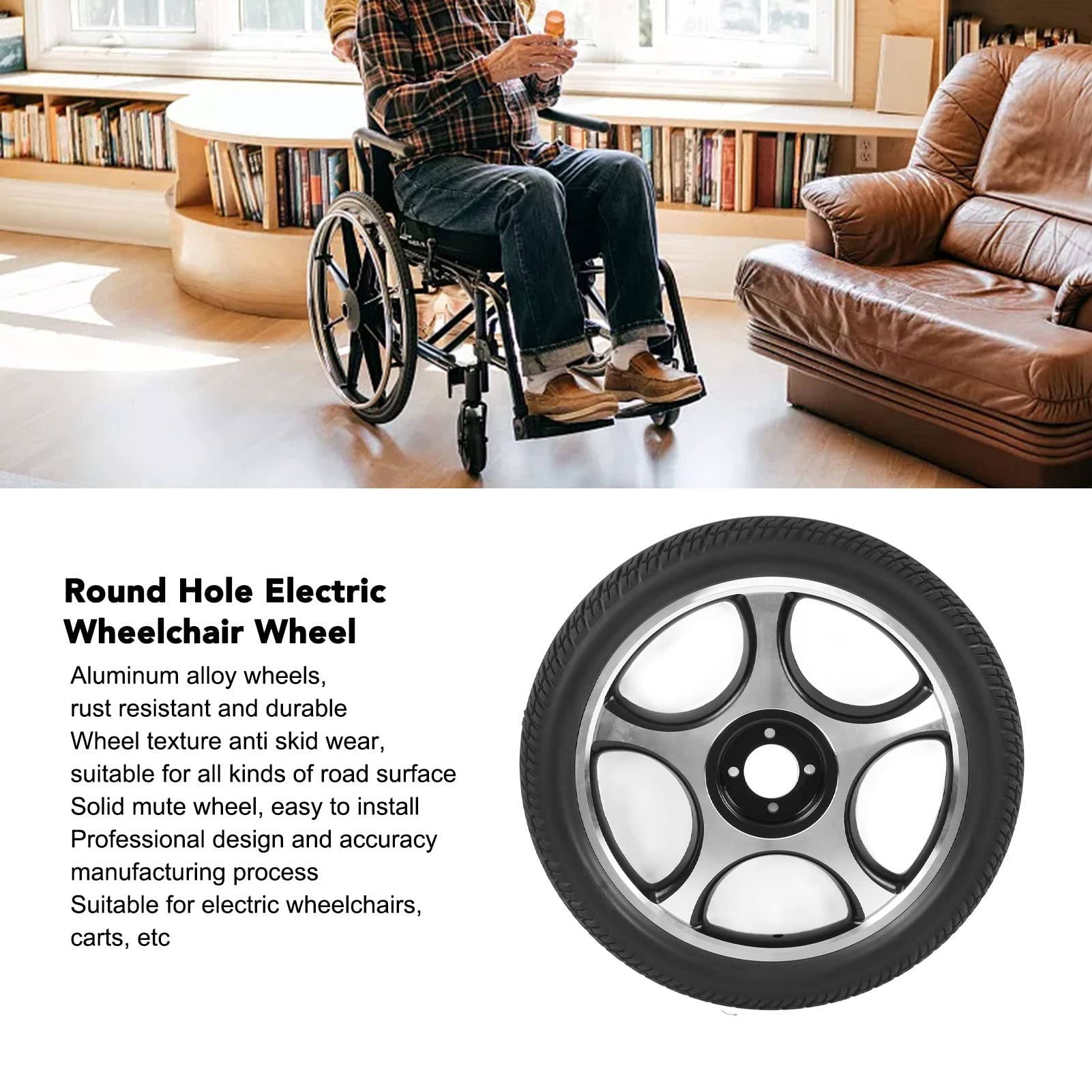 Elektrisches Rollstuhlrad mit Runden Löchern, 4 Runde Löcher, Aluminiumlegierungsnabe, Rutschfestes Rollstuhlrad, Ersatz-Elektrorollstuhlrad, 16 Zoll / 40,6 Cm