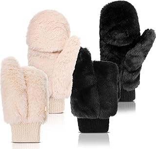 NALACAL Faux Fur Mittens Fingerless Gloves Winter Warm Soft Half Finger Fuzzy Lined Wool Mittens Knitted Clamshell Gloves Convertible Flips for Women Girl Finger flexibility Pair