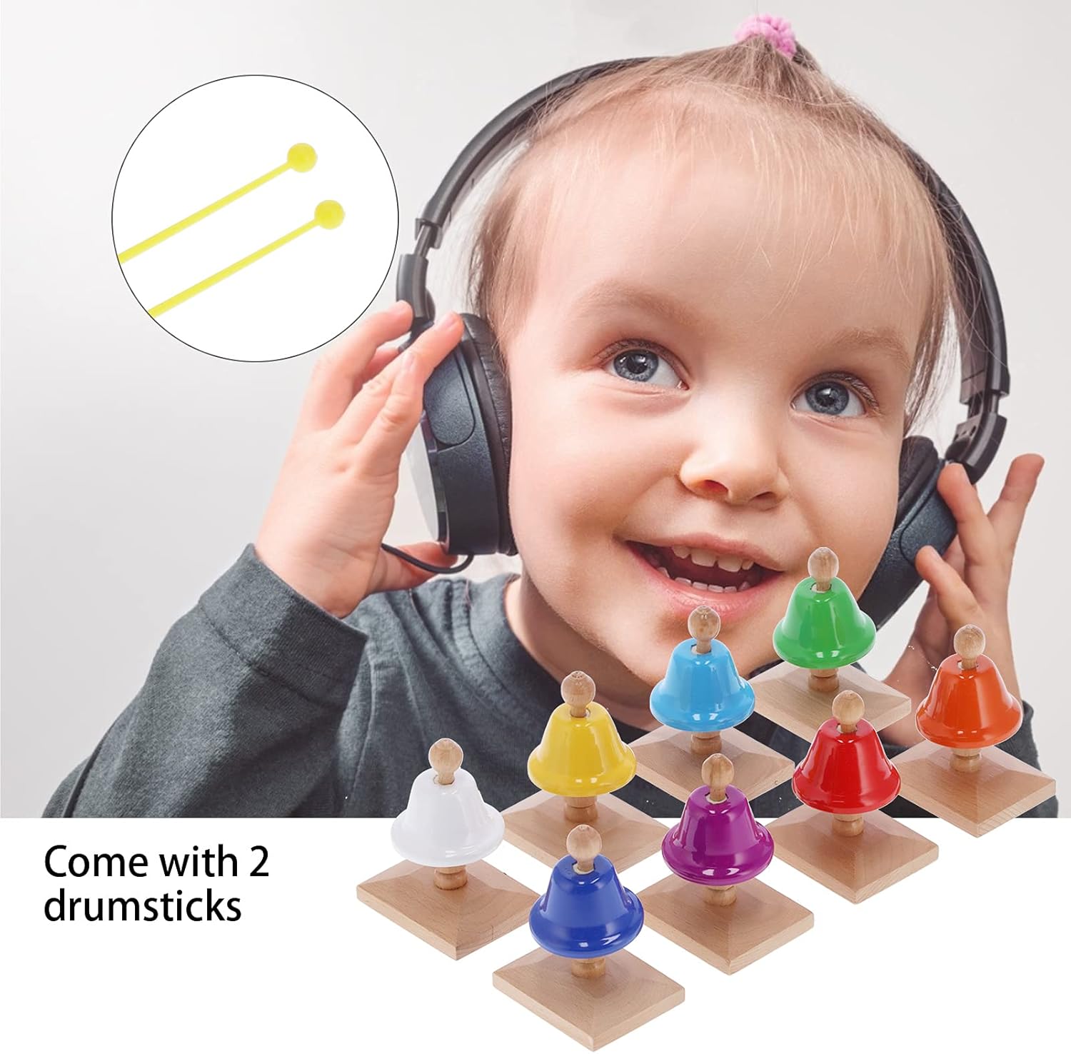 Jonlaki Colorful 8-Piece Hand Bells Set for Kids - Metal Musical Percussion Teaching Aid with Drumsticks