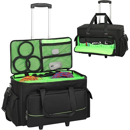 Large Rolling DJ Cable Bag, Green Padded Gig Bag with Detachable Trolley & Divider, 600D Oxford Music Gear Case with Multi Pockets for 15.6" Laptop, DJ Cables, Microphones, Sound Equipment Storage