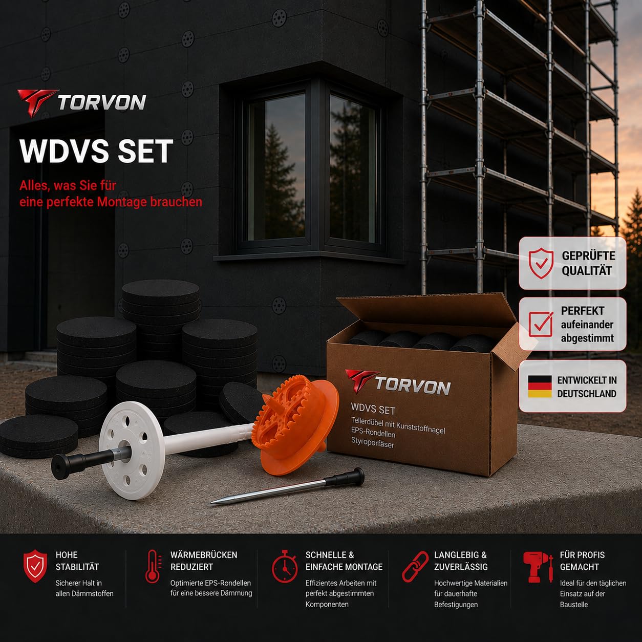 SET WDVS (Ø10x260mm tasselli isolanti con chiodo in plastica 100pz + Rondelle in polistirolo EPS Ø67x16mm 100pz + Fresa per polistirolo 1pz) Tasselli per facciata per isolamento termico ETA