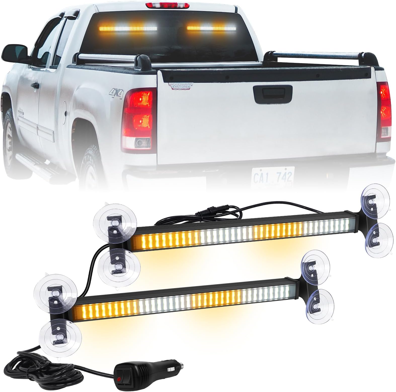 XRIDONSEN 2 in 1 Emergency Strobe Traffic Advisor Light Bar 144 LED Warning Hazard Safety Interior Windshield Dash Lights Deck Split Mount for Construction Vehicles Trucks (2x17.7 inch, Amber/White)