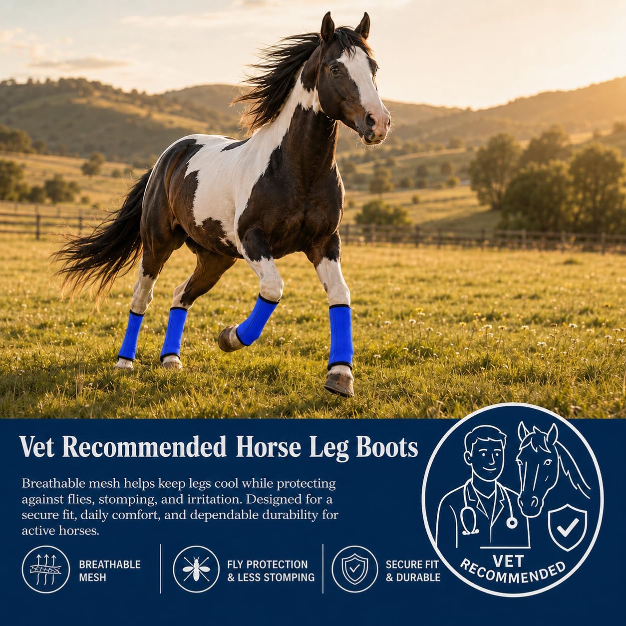 Fly Boots for Horses Set of 4 - Breathable Mesh Equine Leg Protection,Anti-Sag Stay-On Horse Fly Boots,Reduces Stomping & Fatigue,UV-Block, Adjustable Fit for Medium to Large Horses