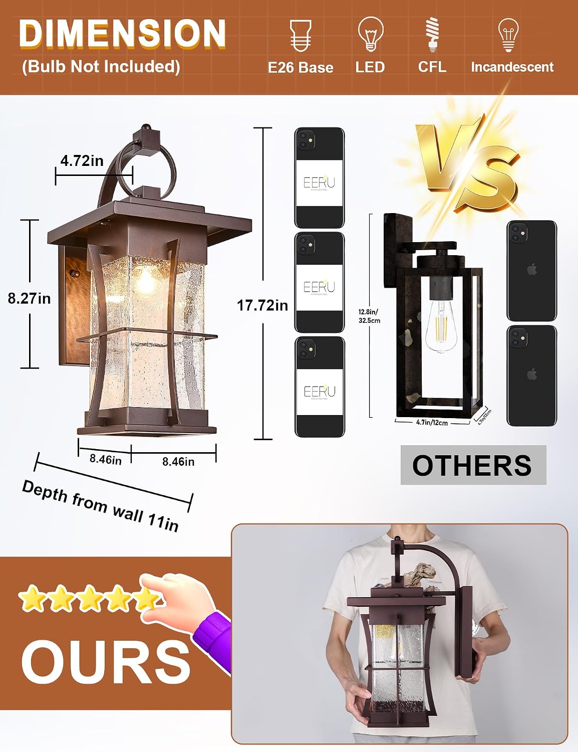 18" H Extra Large Porch Sconce Oil Rubbed Bronze Large Exterior Wall Lantern Deep Brown Outside House Lamps Waterproof Mission Outdoor Lighting with Seeded Glass for Villa Garage Coach Light