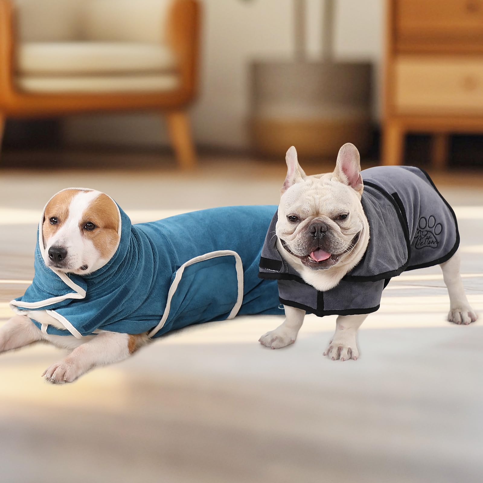PETTOM Hundebademantel, Bademantel Hund mit Hohem Kragen, Hundebademantel für Große Mittelgroße und Kleine Hunde, Hunde Bademantel Mikrofaser mit Klettverschluss (Grau, M)