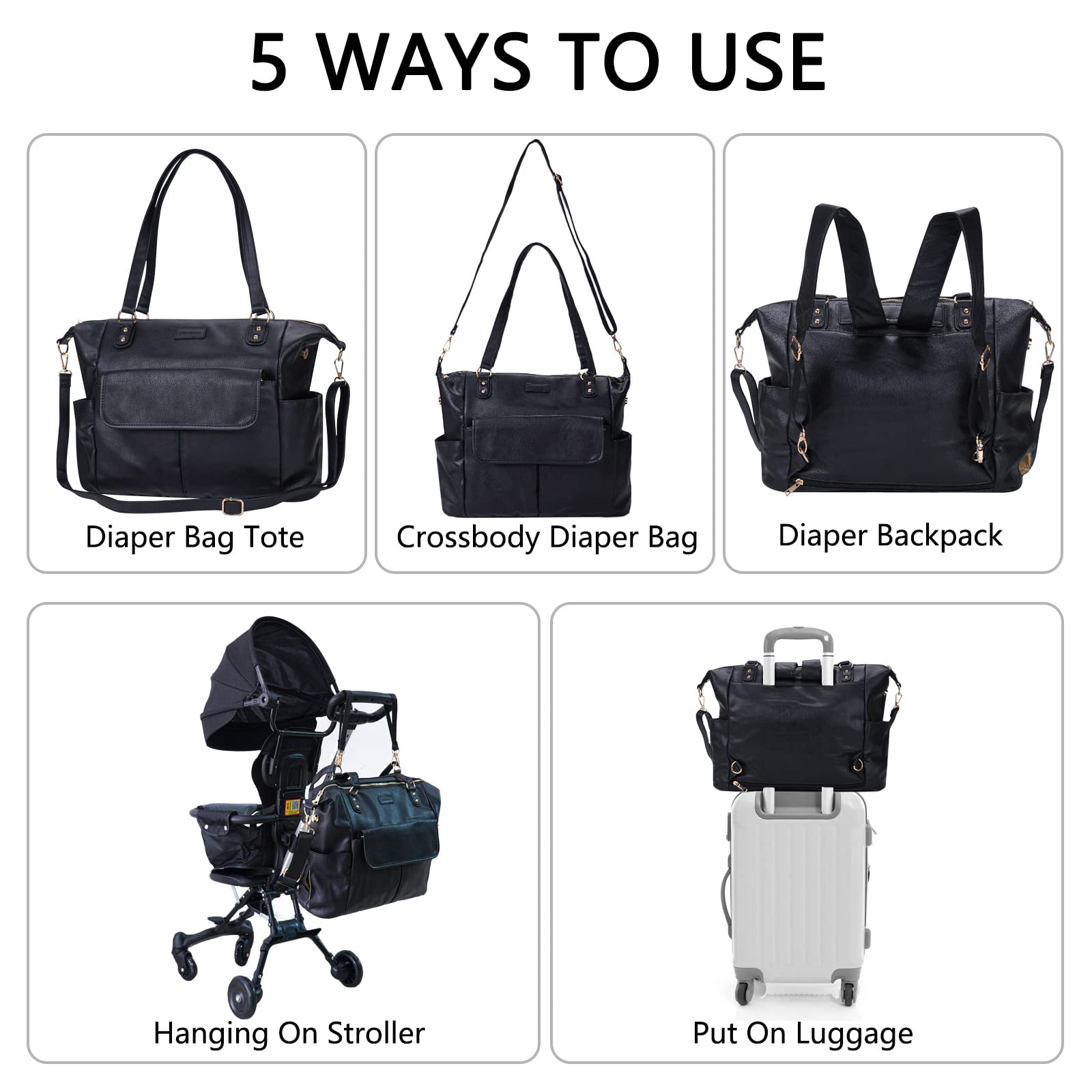 Bolsa de pañales de cuero a la moda para mamá papá, bolsa grande de viaje para bebés y niñas