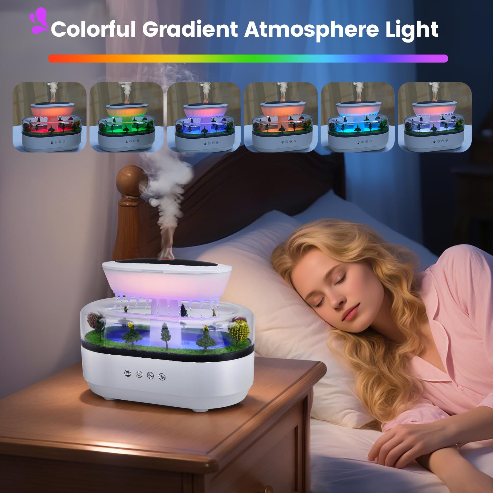 Diffuseur d'Aromathérapie, 250ML Humidificateur d'air à Effet Gouttes de Pluie avec Micro-Paysages, Lumières LED 7 Couleurs et Bruit Blanc, pour Chambres à Coucher et Chambres d'enfants