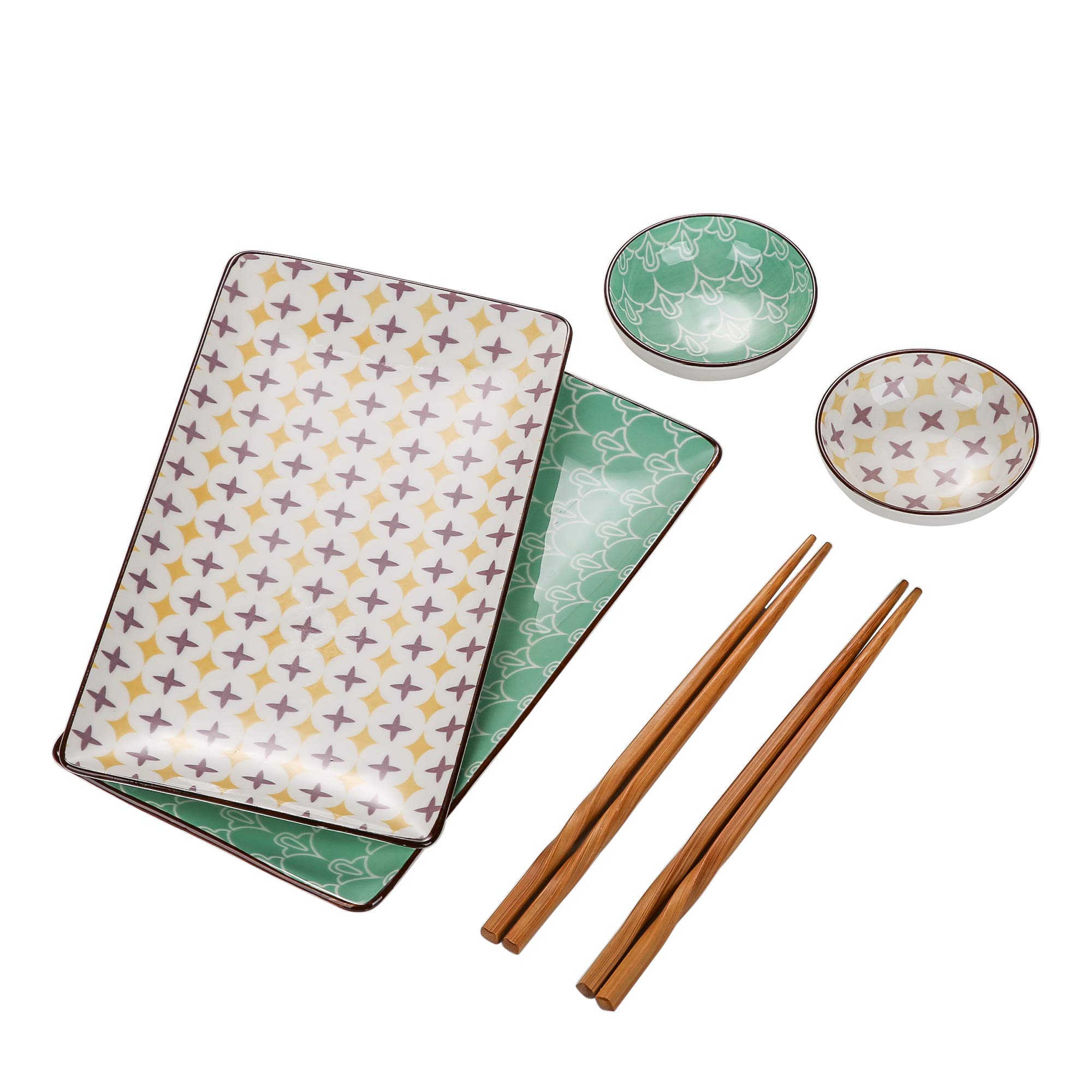 vancasso Tulip Porcelain Sushi Plate Set for 2, Japanese Style Ceramic White Green 6 Pieces Sushi Serving Set, Including Sushi Platters | Sushi Bowls | Dip Bowls | Chopsticks