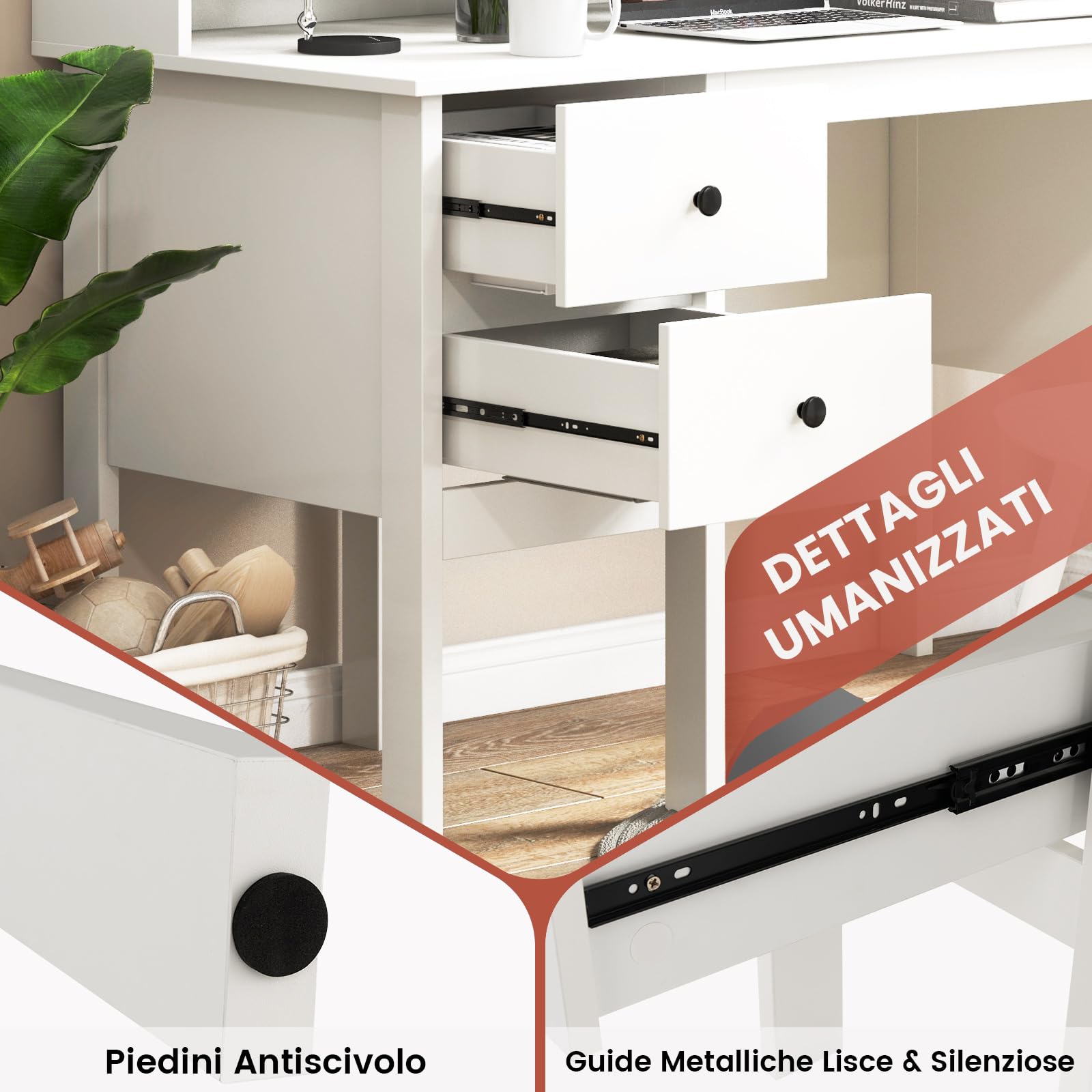 COSTWAY Scrivania Salvaspazio con Libreria, 5 Vani e 2 Cassetti | Scrivania per Computer Moderna da Ufficio e Casa, Bianco