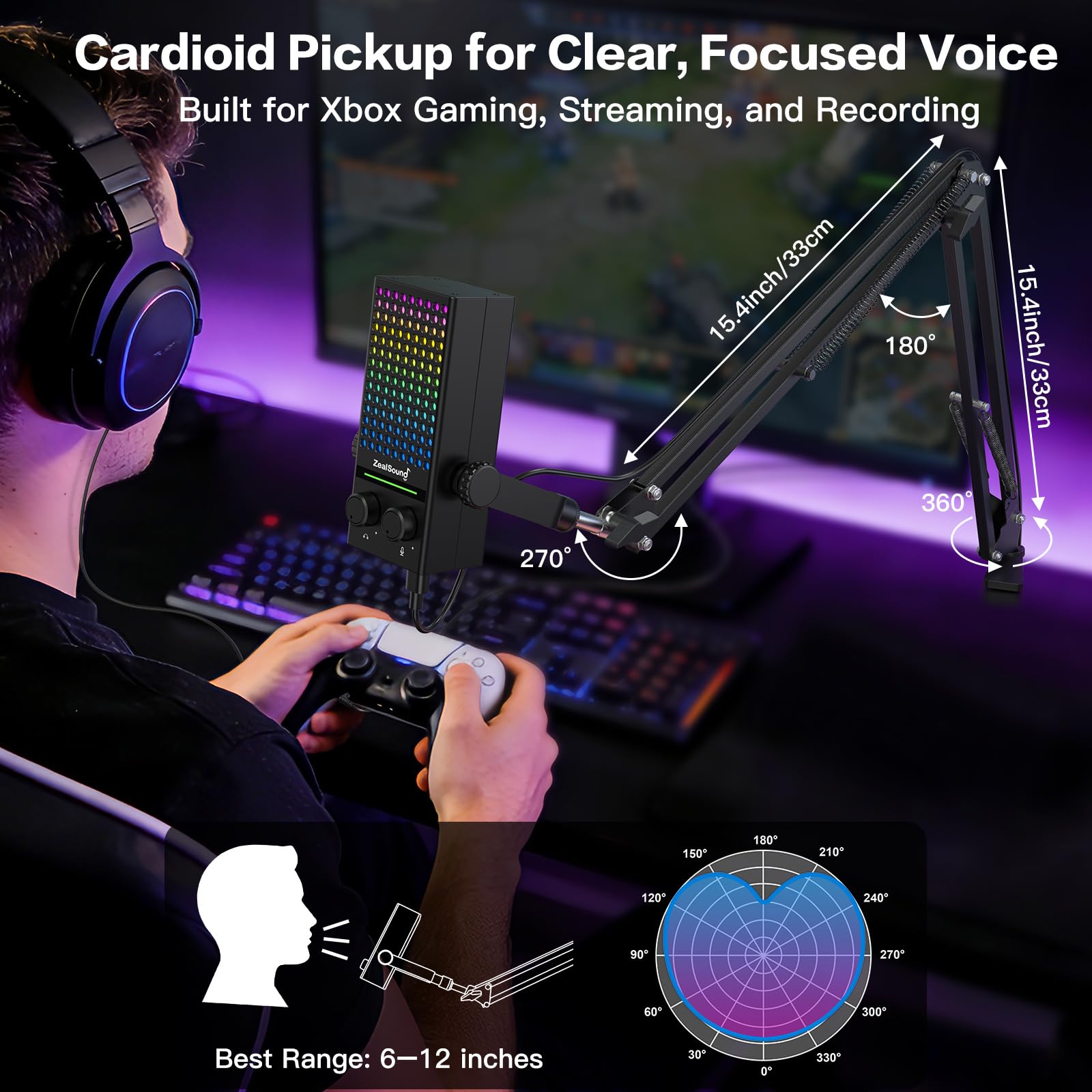 ZealSound Microfono da gioco per Xbox con braccio a braccio, microfono USB per PC, Mac, iPhone e Android, riduzione del rumore, silenziamento con un solo tocco, controllo del guadagno, monitoraggio a