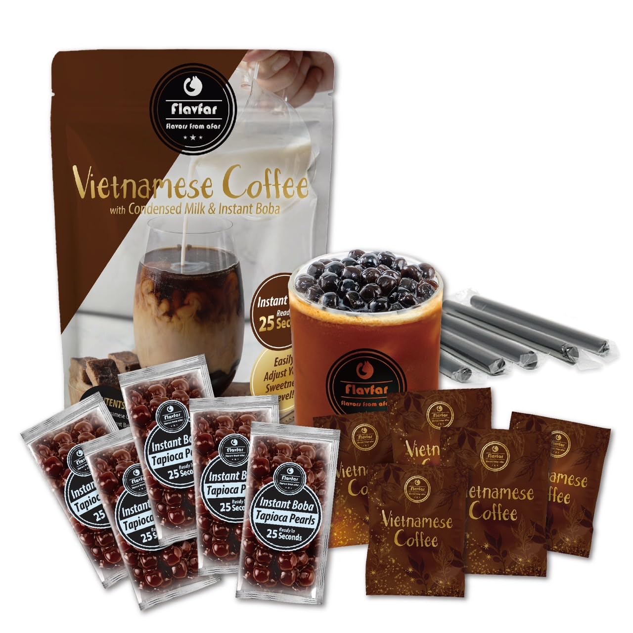 Flavfar Premium Instant Vietnamese Coffee Boba Kit with Chewy Tapioca Pearls | Ready in 25 Seconds | Ultimate Bubble Tea Experience with Boba Straws | Gift for Bubble Tea Lovers - 5 Servings