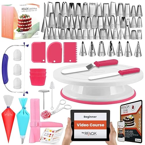 RFAQK Cake Decorating Kit | 200 PCs Set with Cake Turntable-48 Numbered Easy to use Icing Tips-7 Korean Tips with Pattern Chart & E.Book-Straight & Offset Spatula-Cake Leveler & Other Baking Supplies - 200 PCs