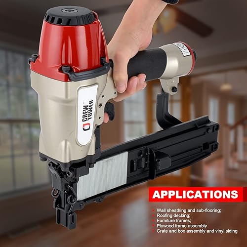 Miniatura 18 de Engrapadora de construcción, calibre 16, corona de 15/16 pulgadas de ancho, pistola de grapas neumática para cerca, alambre, tornos de madera