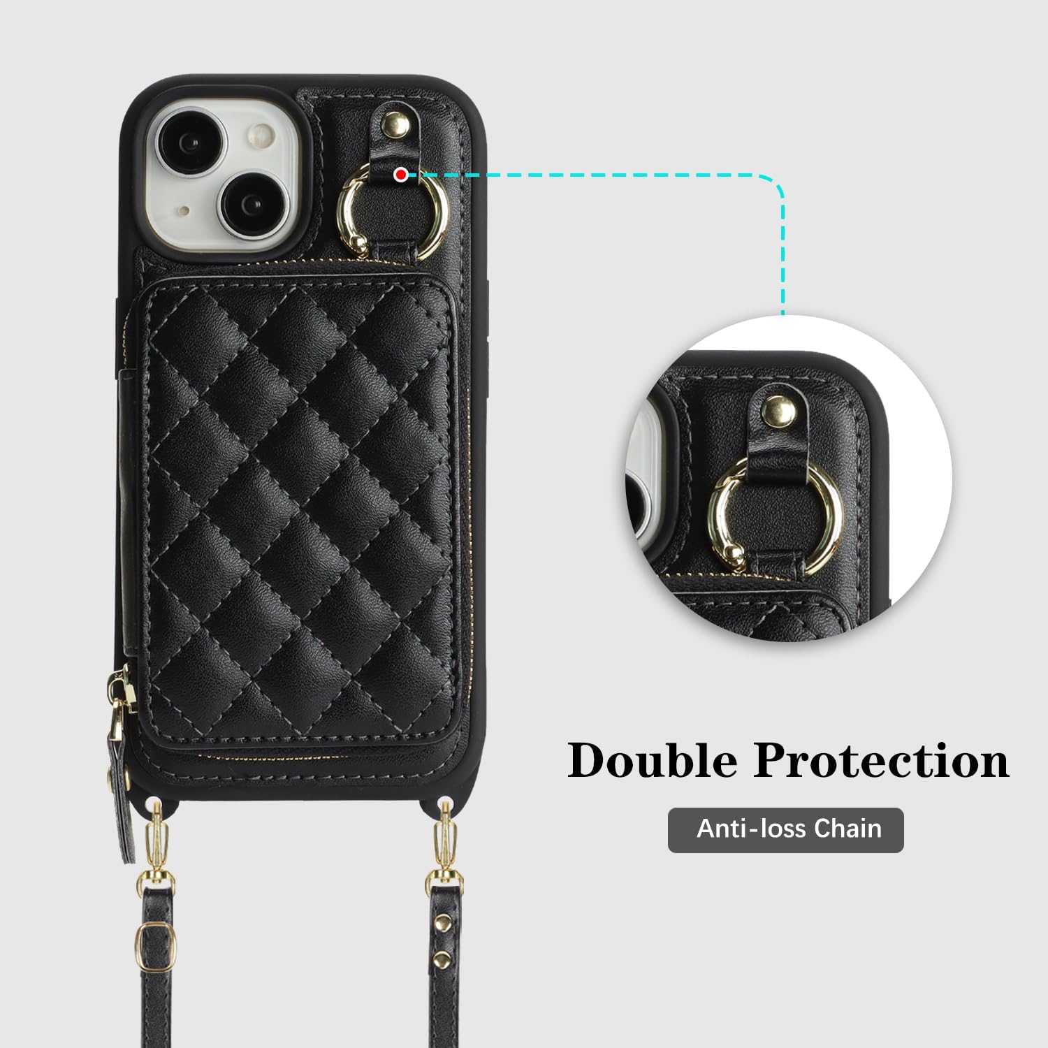 Cavor for iPhone 15 Wallet Case with Card Holder for Women Men, for iPhone 15 Case with Strap, Crossbody Lanyard Phone Case, Magnetic Detachable Compatible with Magsafe-Black